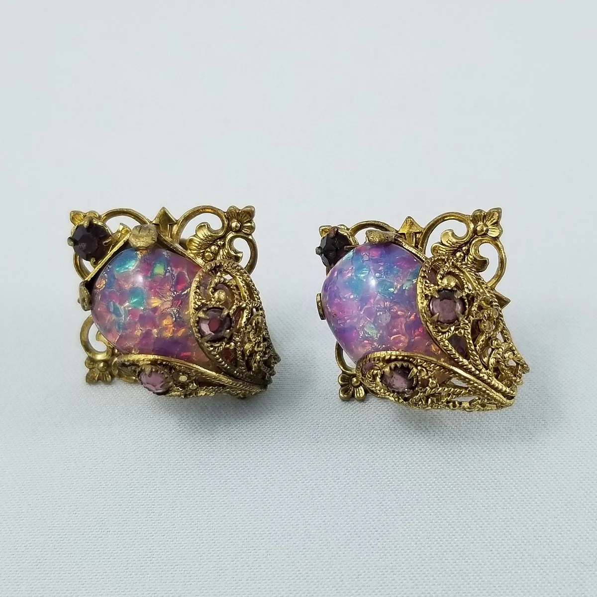 Eugene Schultz Milky Pink Foil Glass Opal Amethyst Rhinestone Antiqued Gold Gilt Filigree Screw-back Earrings