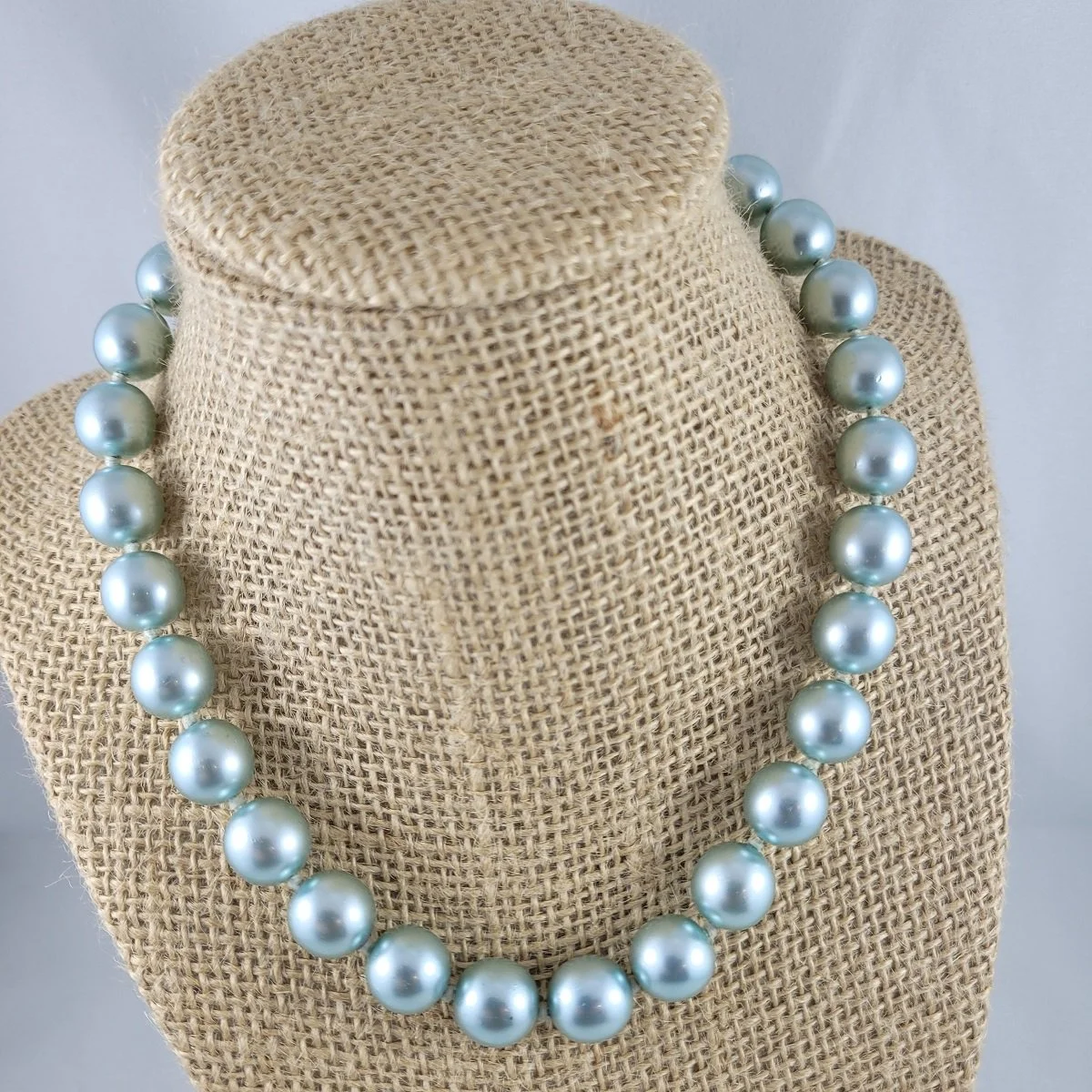 1940's Luminous Powder Blue Lacquer Simulated Pearl Glass Bead Hand Knotted Choker Necklace.jpg
