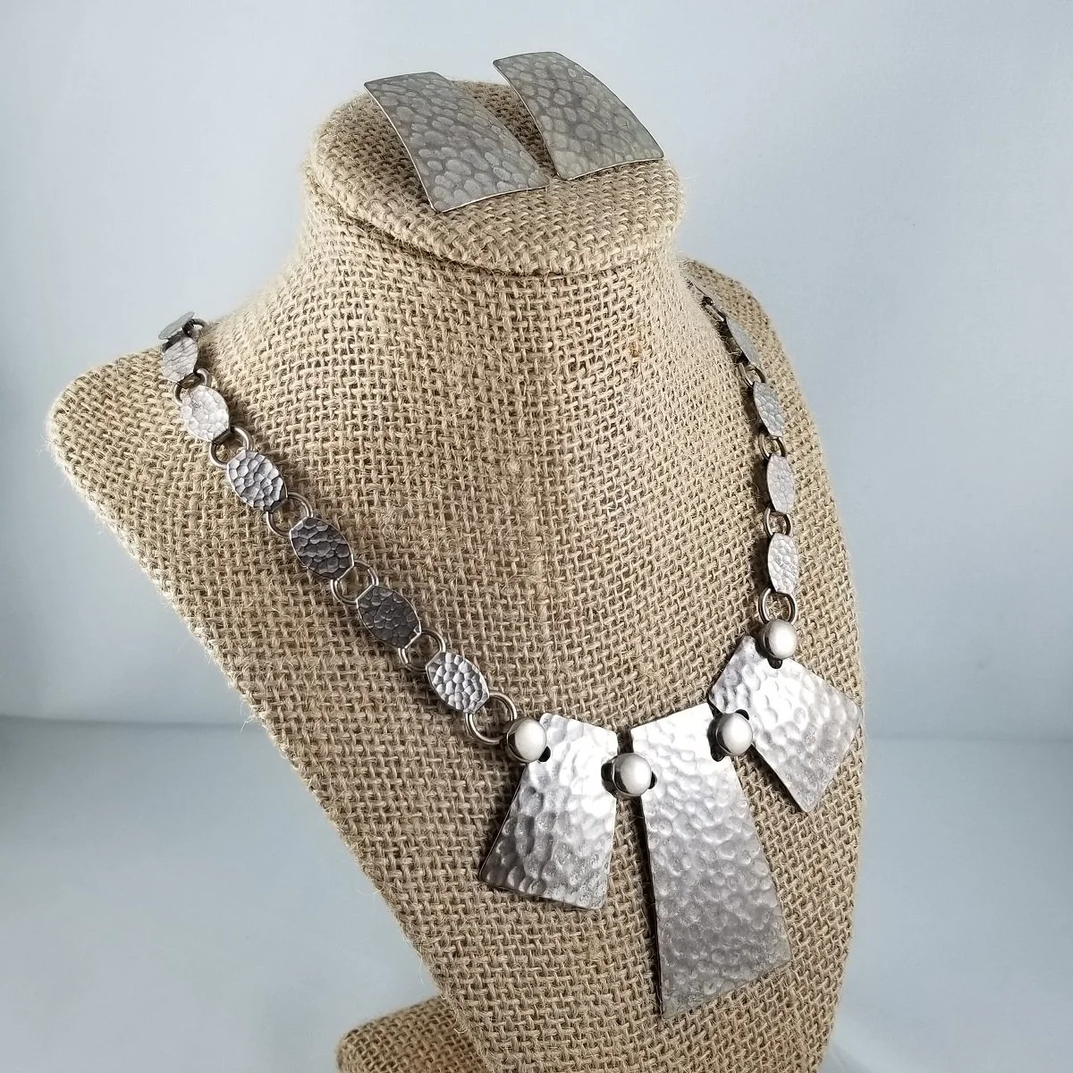Modernist 1950's Brutalist Hammered Silver-tone Metal Book Chain Necklace and Clip-on Earrings Set - 4.jpg