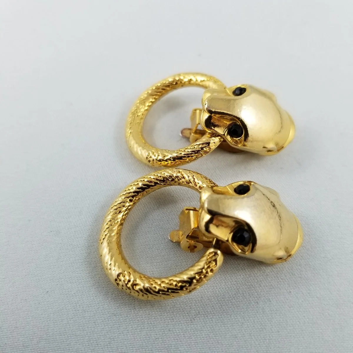 Panther Leopard Head 1980's Couture Door Knocker Gold Rhinestone Eye Clip-on Earrings -1.jpg