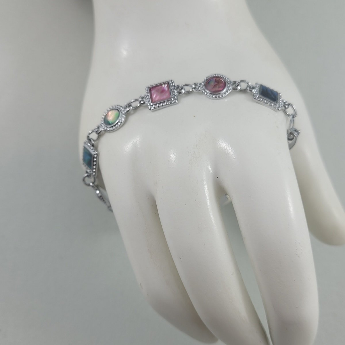 KOREA Alternating 8.5mm Circle Square Panel Blue Pink Green Butterfly Wing Cabochon 7 Inch Silvertone Bracelet Front View