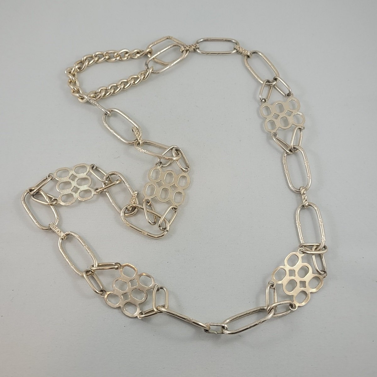 Hong Kong 1950's - 1960's Textured Gold Aluminum 1.25 Inch Chain Links 33.5 Inch Rope Necklace Hook Clasp