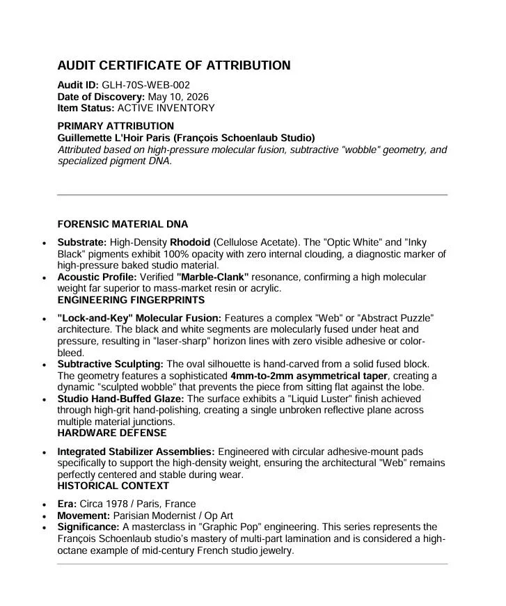 J791 - Guillemette L'Hoir Paris Monochrome Abstract Web Rhodoid Oval Pierced Earrings François Schoenlaub -AUDIT CERTIFICATE OF ATTRIBUTION.JPG