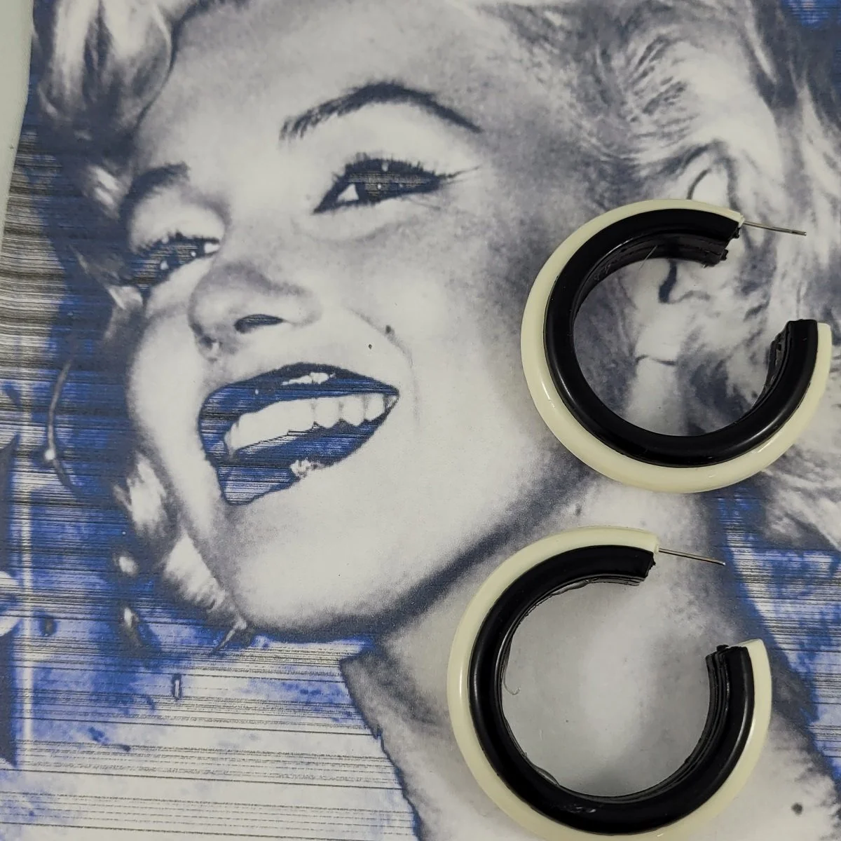 Early Moulded Plastic White on Black Layered 2 Inch Domed Open Hoop Pierced Earrings.jpg