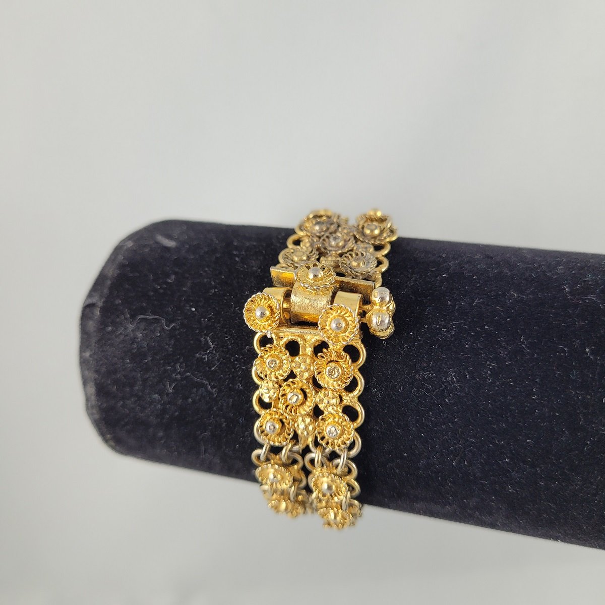 1940's Gold Plated Flower Panel Link Split Double Slide Bracelet with Push Pull Tube Slide Clasp -3.jpg (Copy)