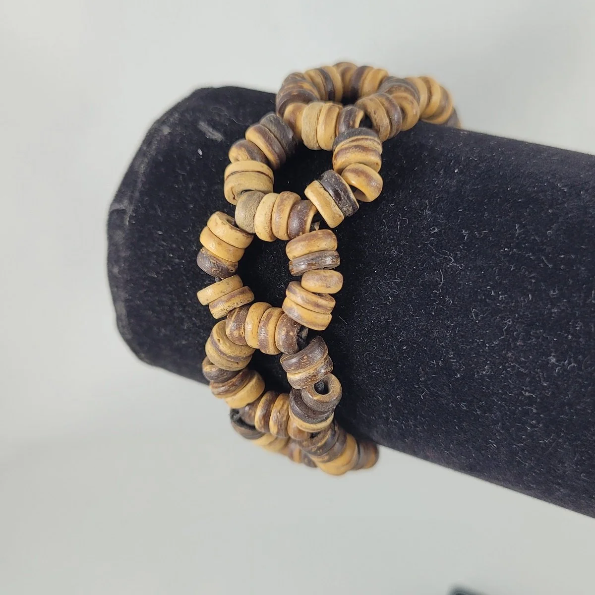 Boho Genuine Coconut Bead Woven Os .875 Inch Beaded Elasticized Stretch Bangle Bracelet.jpg