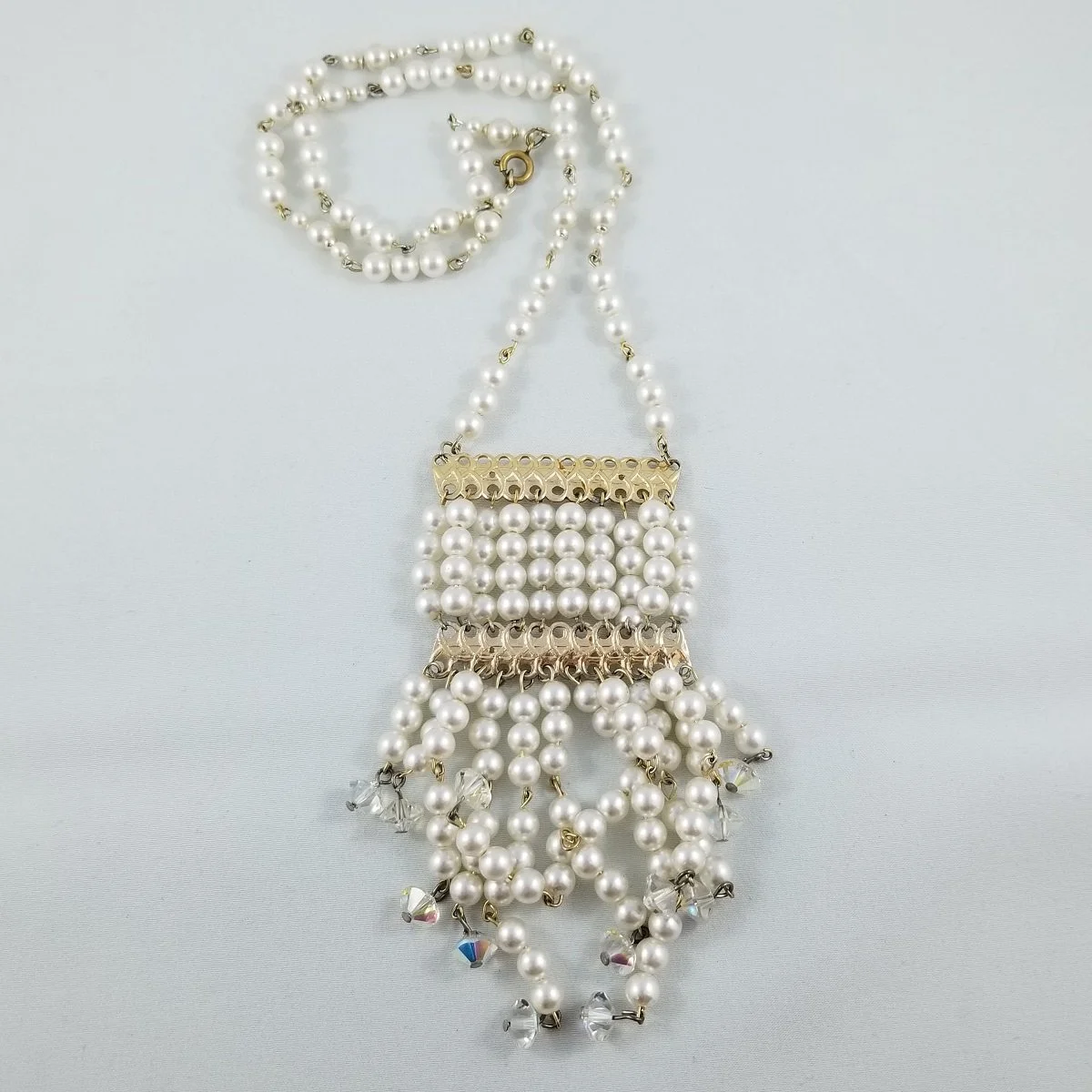 Hollywood Regency Bib Festoon Swarovski AB Pearl Waterfall Necklace -7.jpg