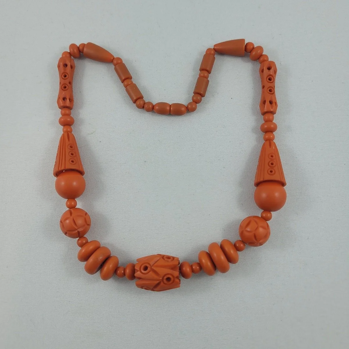 Galalith Casein French Bakelite Art Deco Coral Colour Hand Carved Beaded Choker Necklace Hidden Barrel Clasp -1.jpg (Copy)