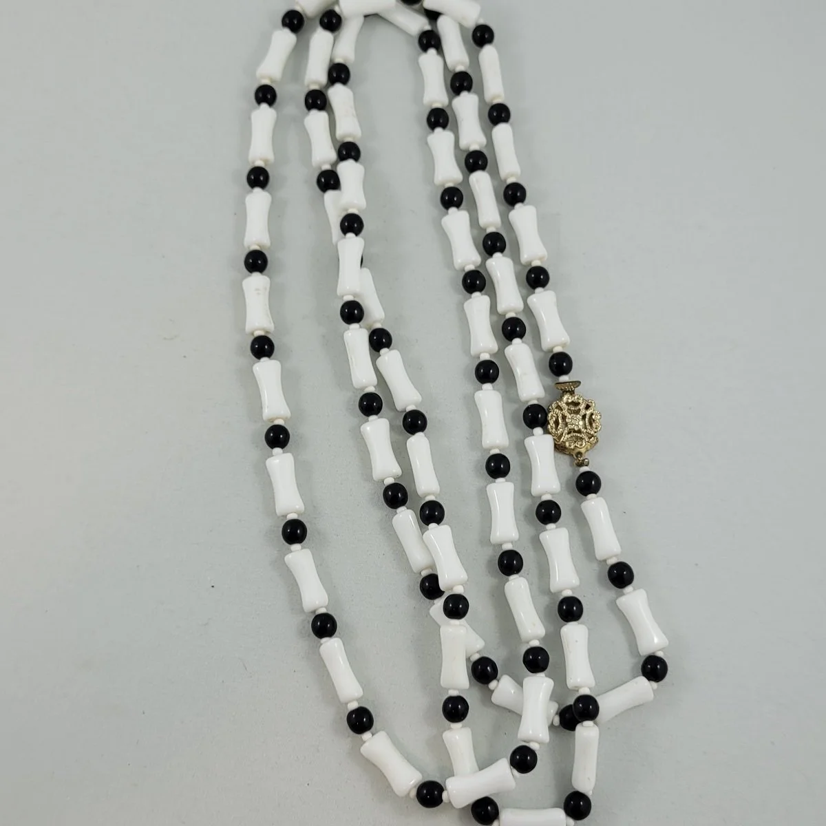 Monochrome Milk Glass Bone Bead Black Round Glass Beaded 55 Inch Rope Necklace w Filigree Box Clasp -2.jpg