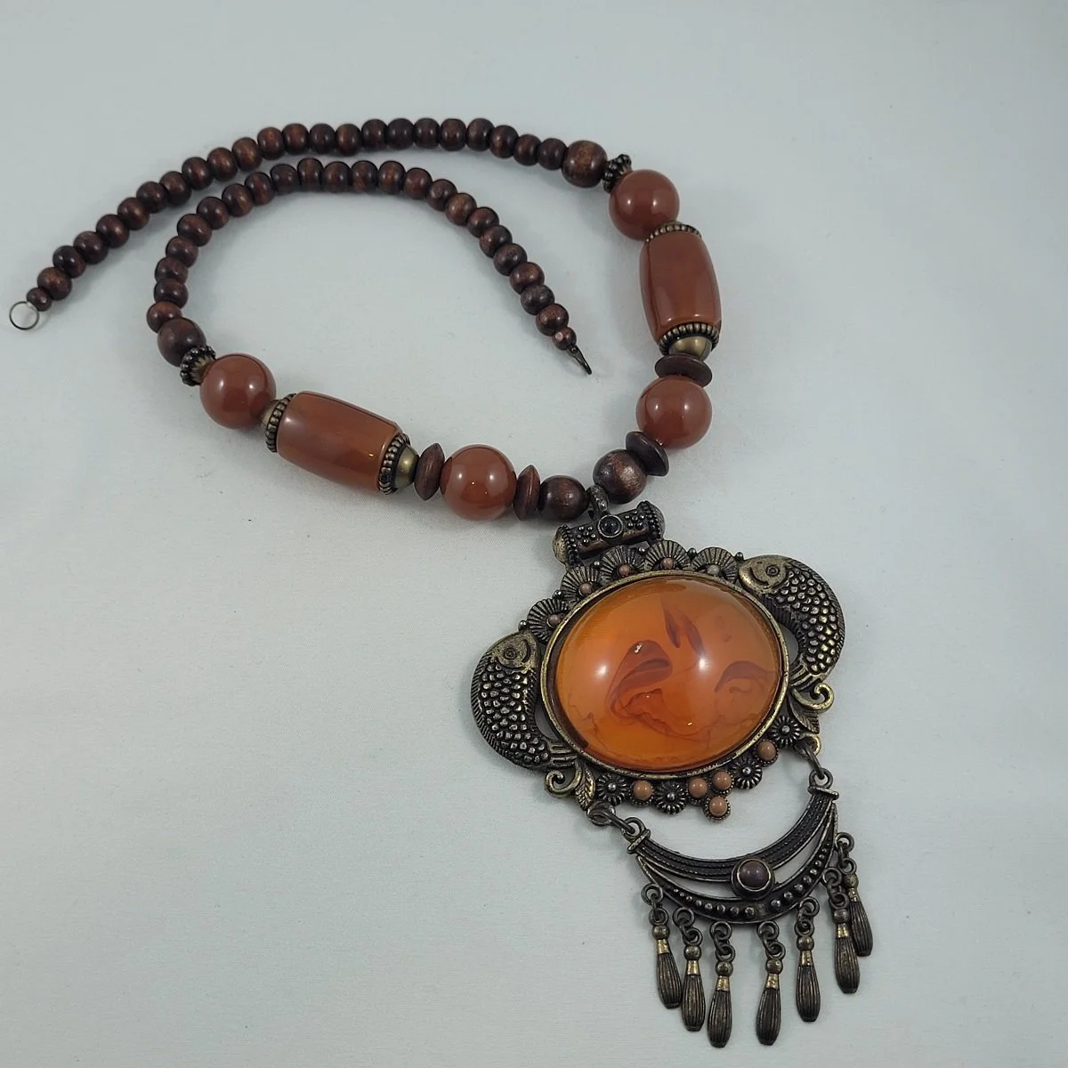 Large Simulated Oval Amber and Wood Bead Double Fish Fringe Fixed Brass Drop Pendant Matinee Statement Necklace Side Front View