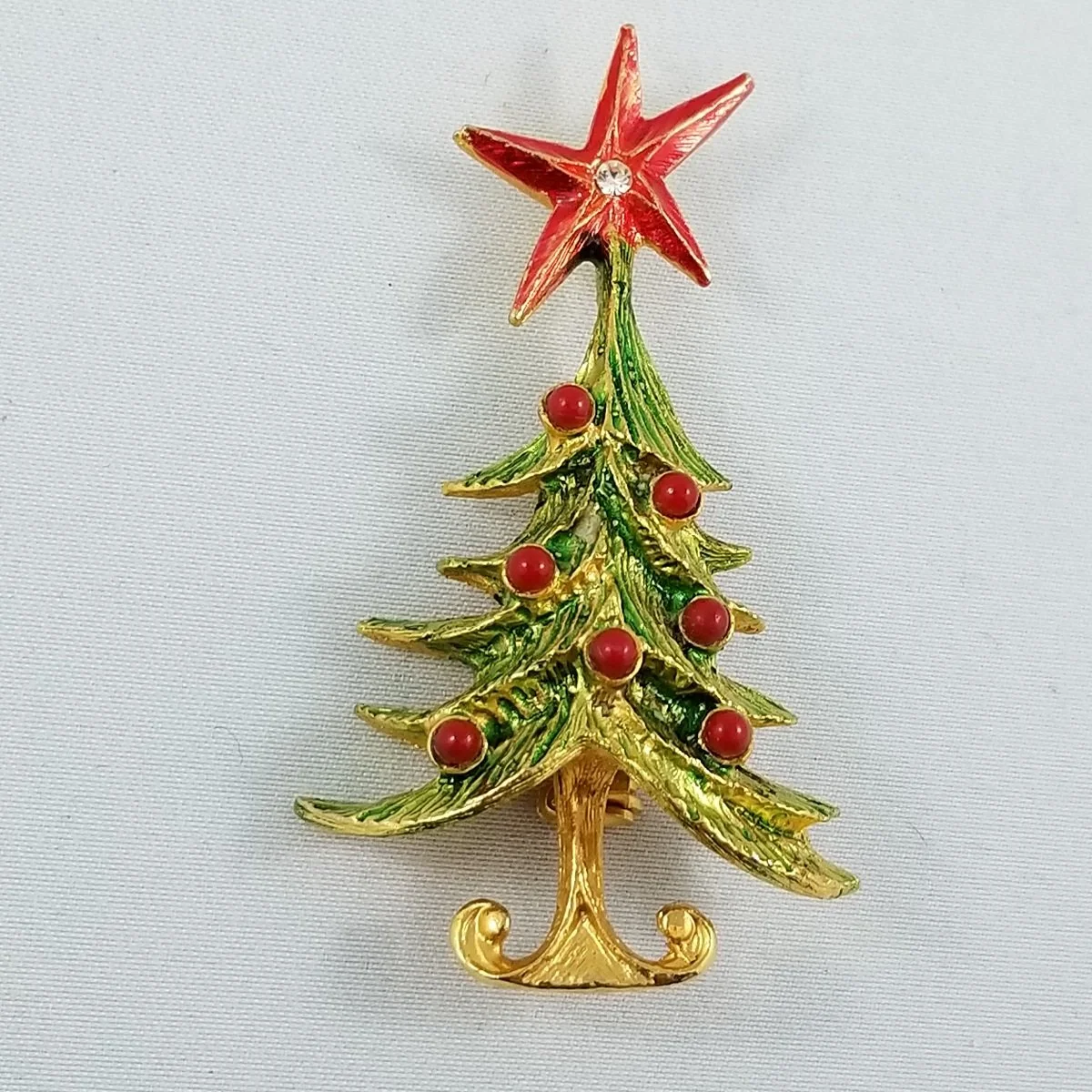 Coro Signed 1940's Whimsical Dr. Seuss Style Enamel Christmas Tree Brooch Rhinestone Pin