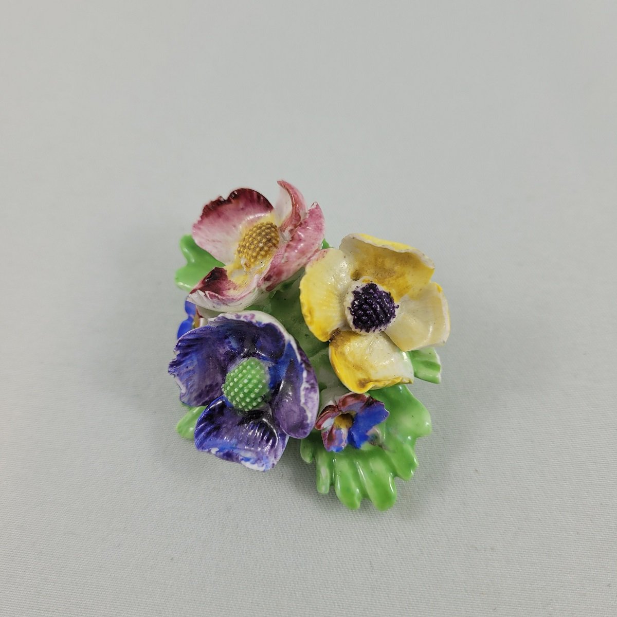Denton Bone China 1950's Glazed Porcelain Triple Anemone Forget me Not Flower 2 Inch Brooch Made in England Side View