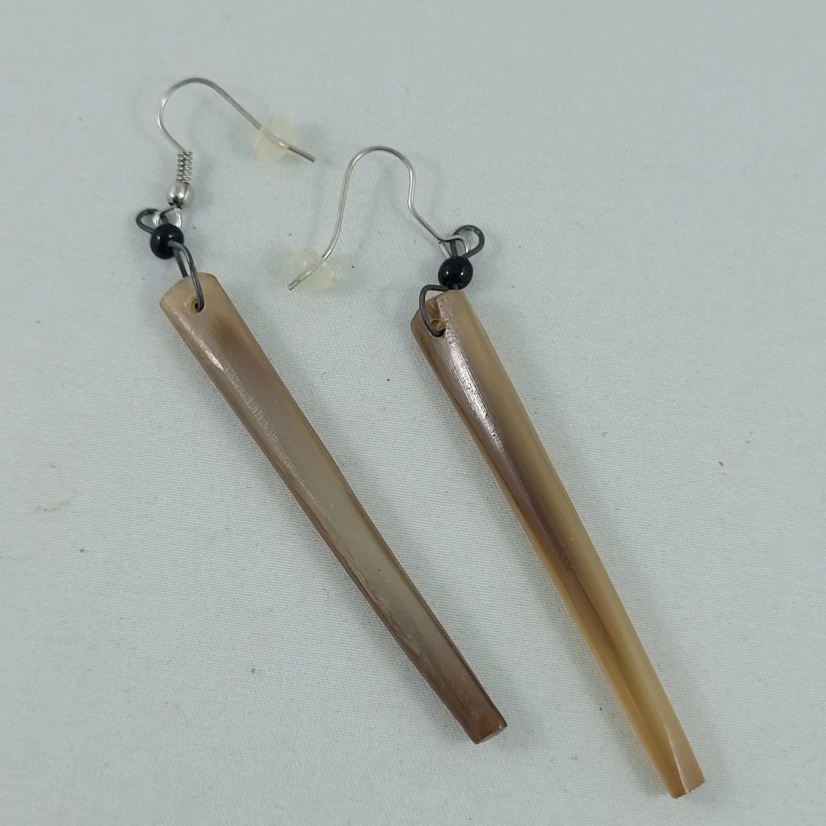 Inuit Carved Genuine Natural Muskox Caribou Bone Antler Horn 3.5 Inch Drop Black Bead Pierced Earrings -1.jpg