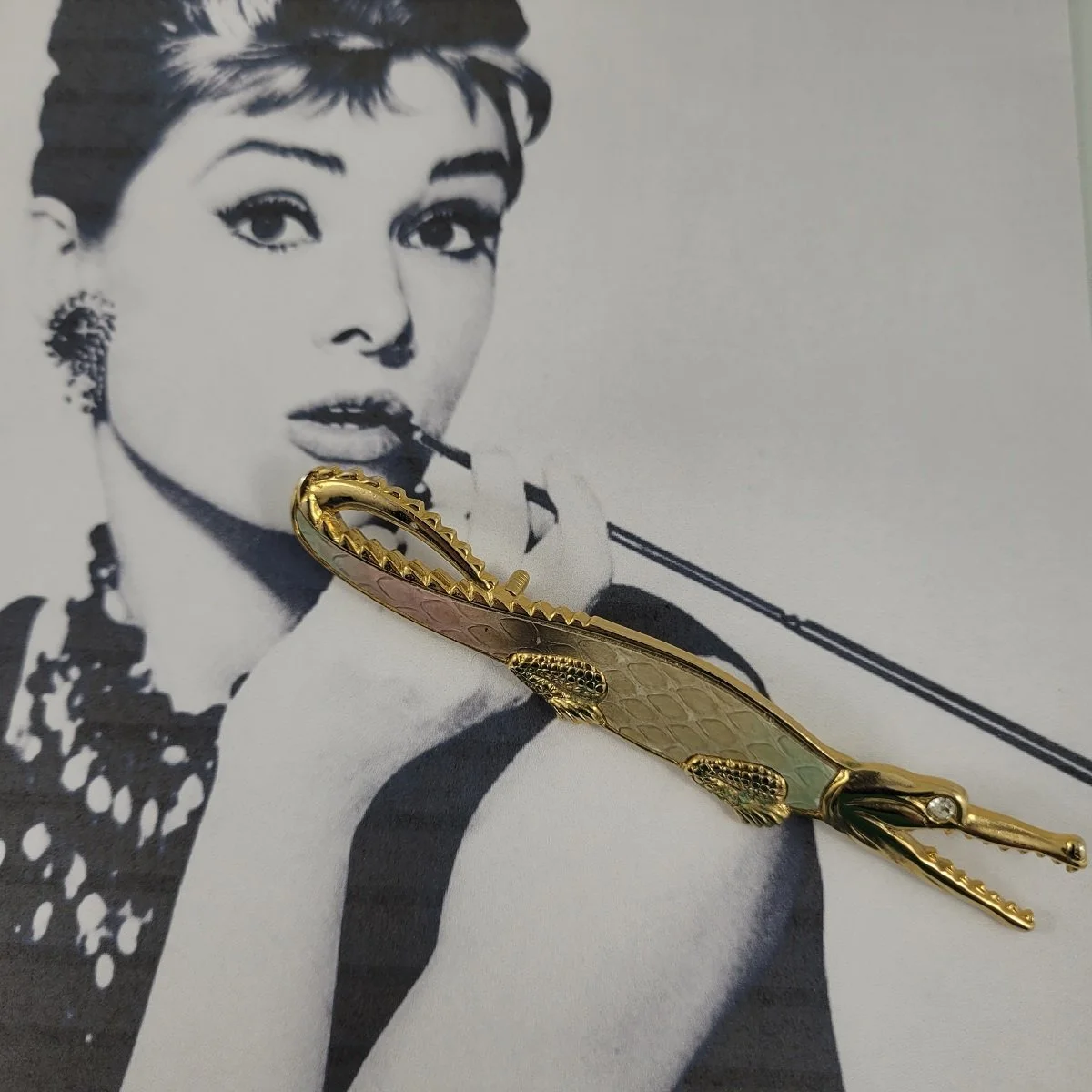Crocodile Alligator on the Prowl Dyed Genuine Snakeskin Rhinestone Gold Brooch Pose