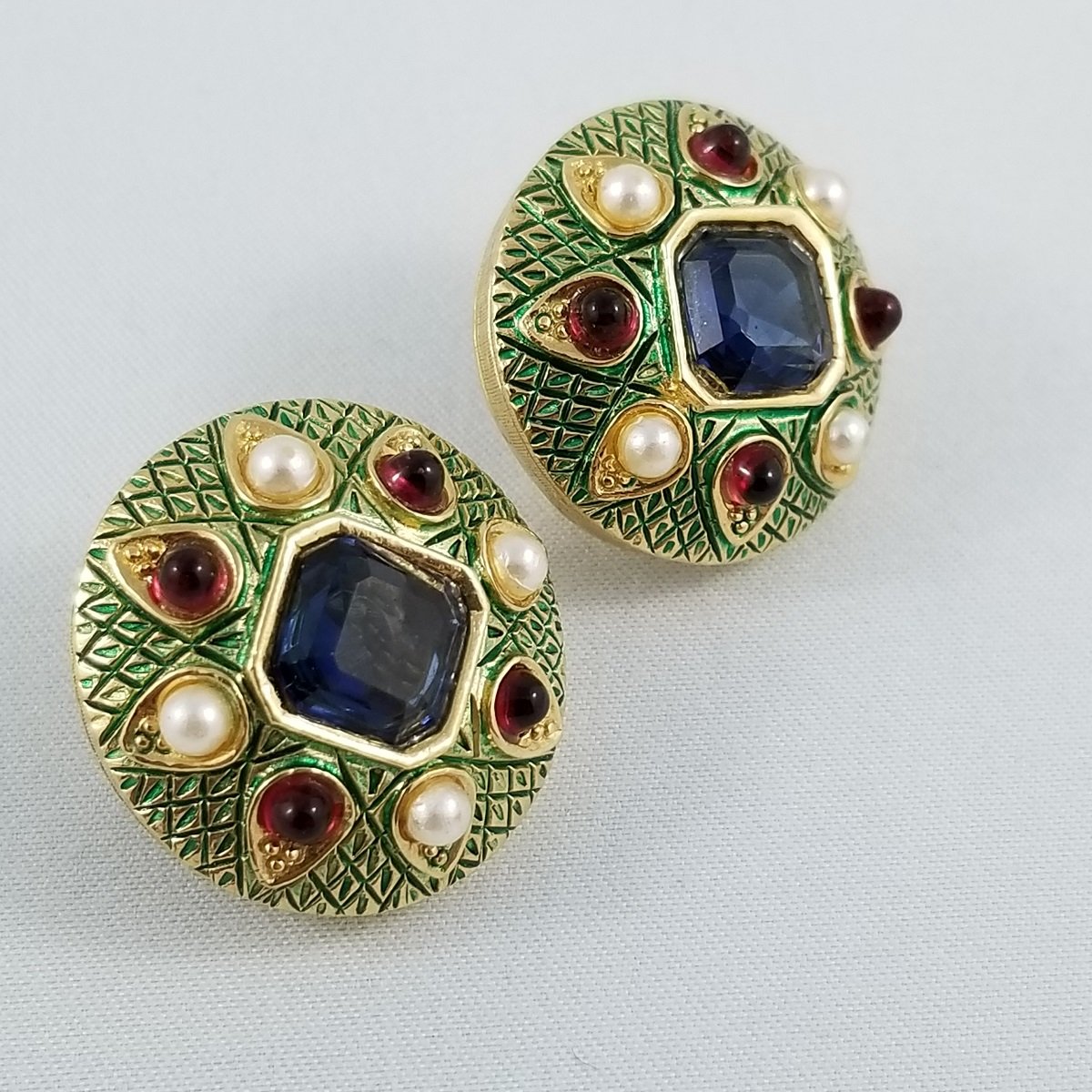 Marcel Boucher Byzantine Maltese Multi-Gem Glass Cabochon Square Faceted Sapphire Green Enamel Cross Hatched Gold-tone Clip Earrings -2.jpg