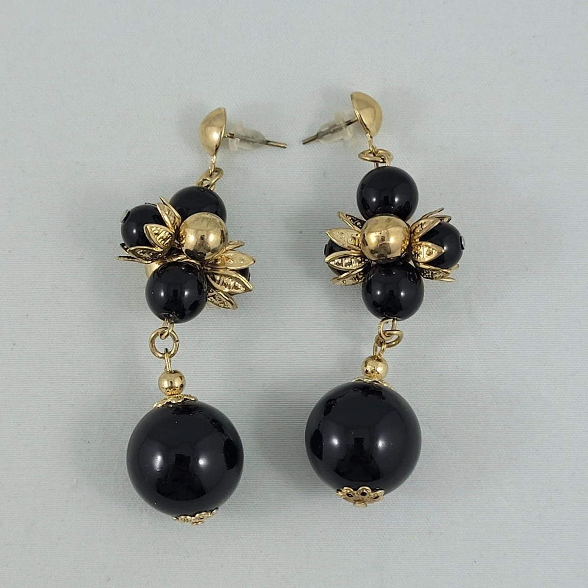 Black Bead Cluster 3 Inch Dangle Drop Pierced Earrings w Gold Accent.jpg
