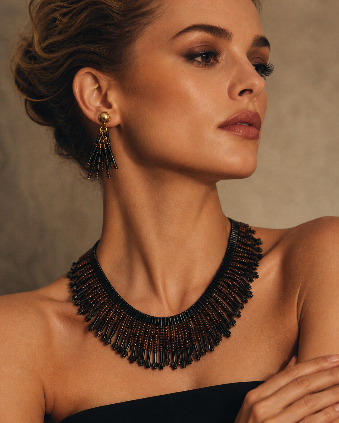 Black Bronze Glass Bugle Bead Fringe Collar Necklace Pierced Earrings Demi-Parure Set - Model.png
