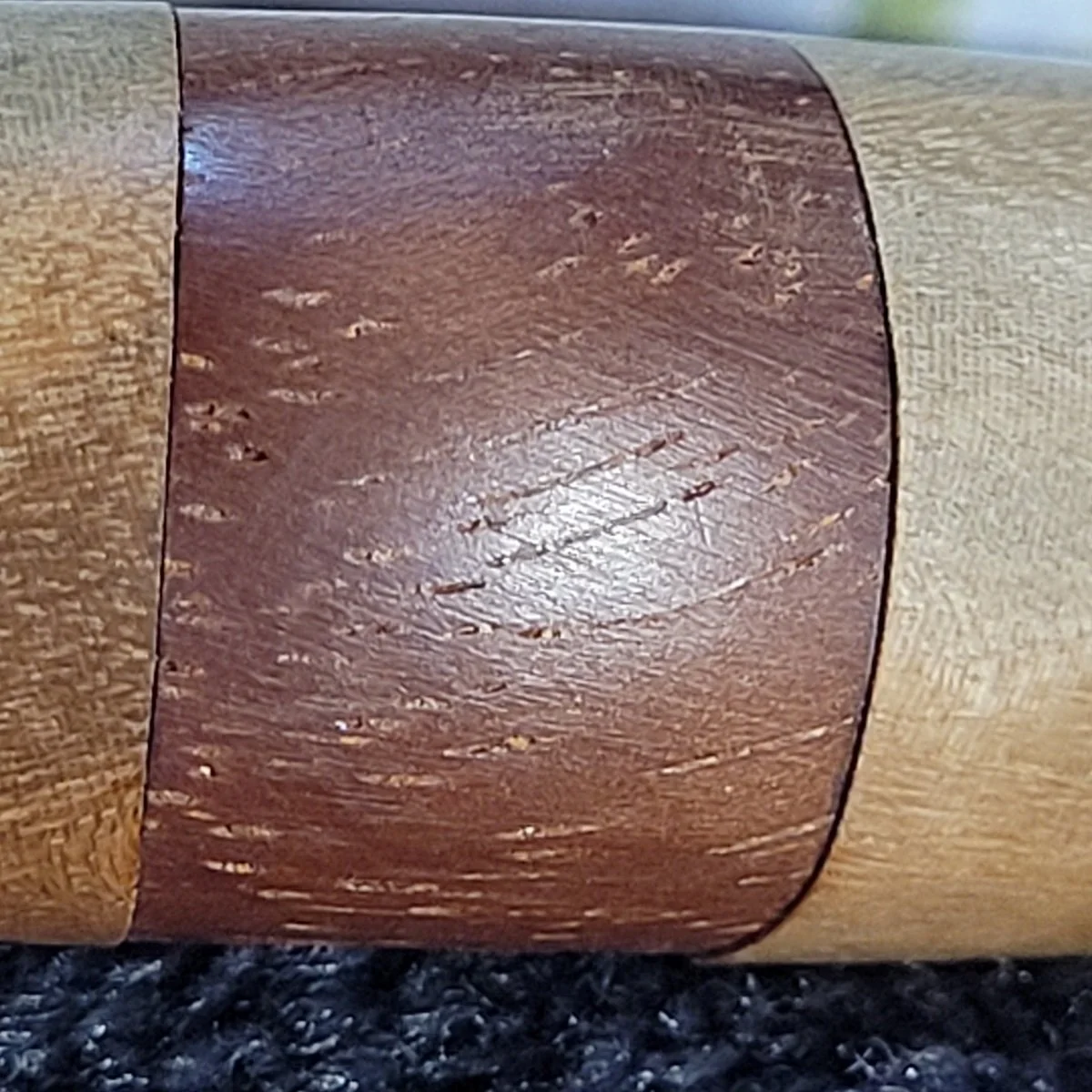 Segmented Mahogany Oak Wood Marquetry Puzzle Dovetail Slide Closure .75 Inch Domed Bangle Bracelet -B.jpg