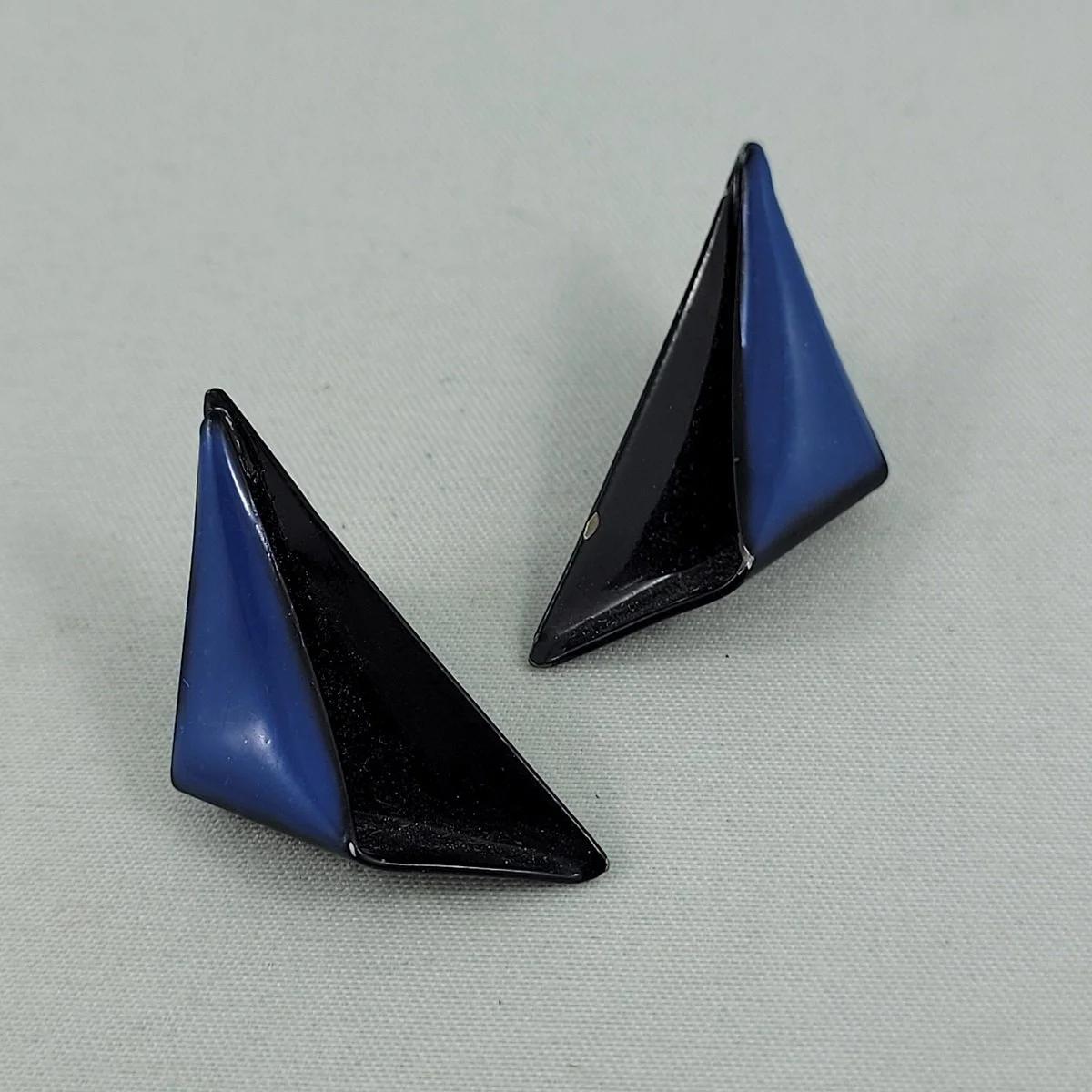 1980's Folded Dimensional Abstract Blue Black Enameled Aluminum Triangular Pierced Earrings.jpg