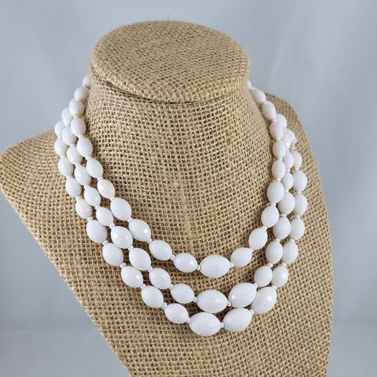 1950's Triple Strand White Sparkle Lucite Faceted Oval Bead Graduated 14-17 Inch Choker Necklace