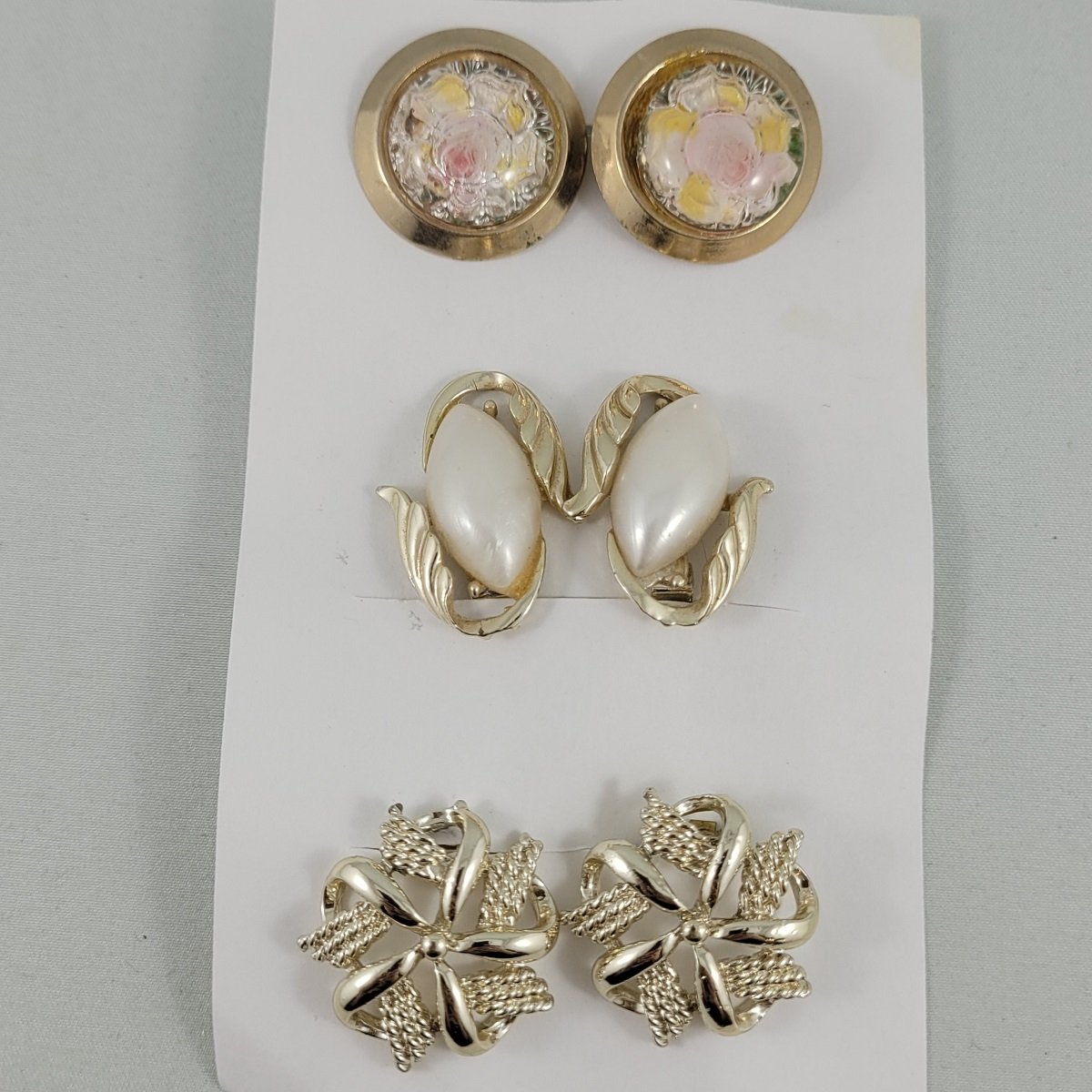 Three Pairs - 1960's Pinwheel Flower Faux Pearl Glass Encased Rose Gold Clip-on Earrings