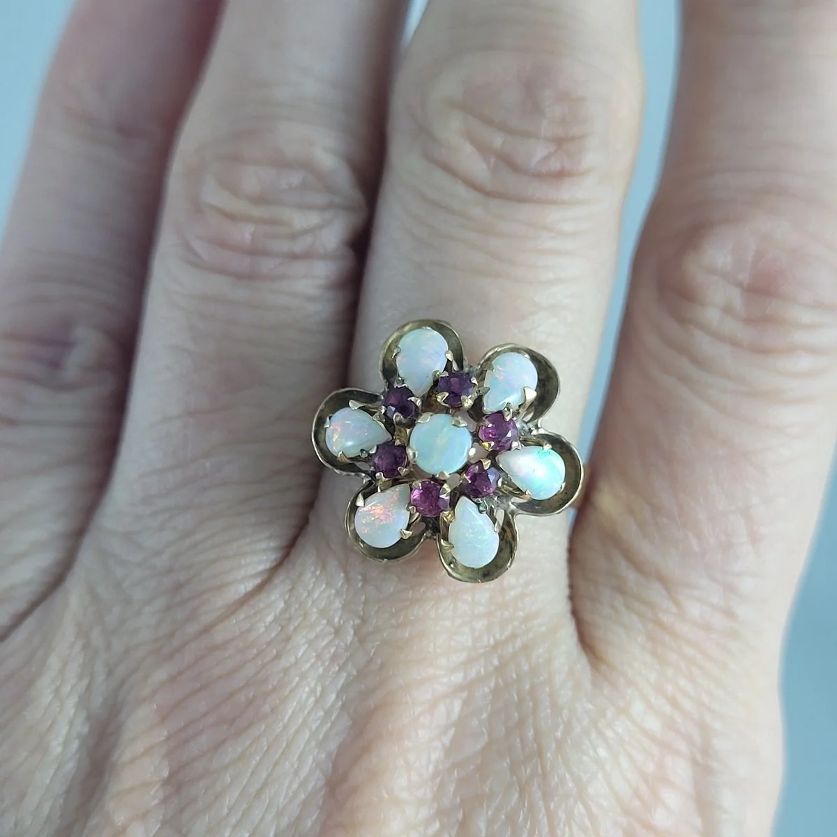 Thai Princess Harem Opal Ruby Cluster 10K Yellow Gold Flower Cocktail Ring Size 7 -8 (Copy)