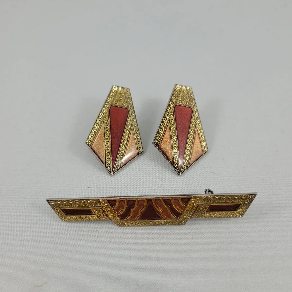 Pierre Bex 1980’s Art Deco Crimson Sunburst Enamel Demi-Parure Earrings Brooch Set