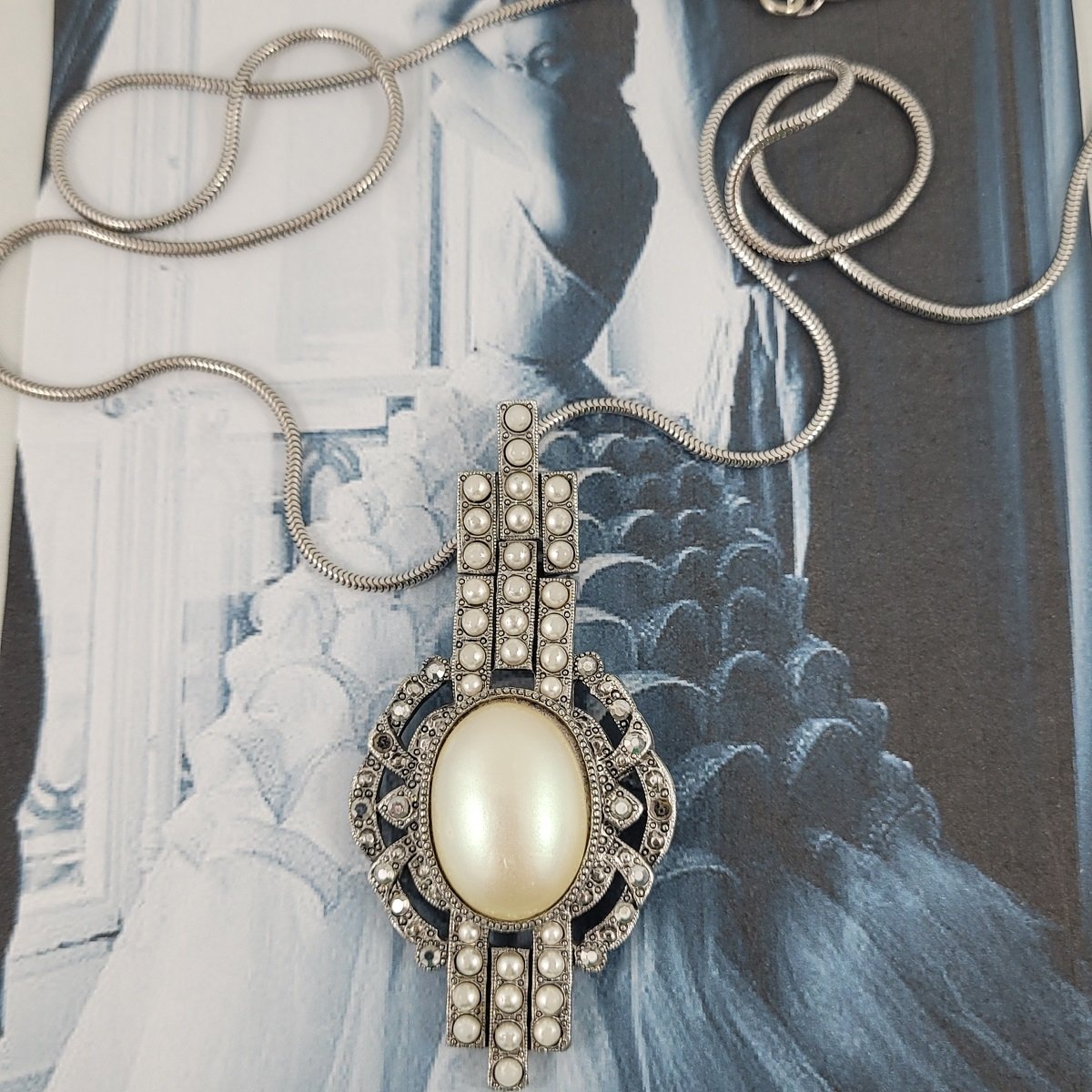 Richelieu 1930's Art Deco Silver-Tone Mabe Pearl Articulated Lavalier Necklace.jpg