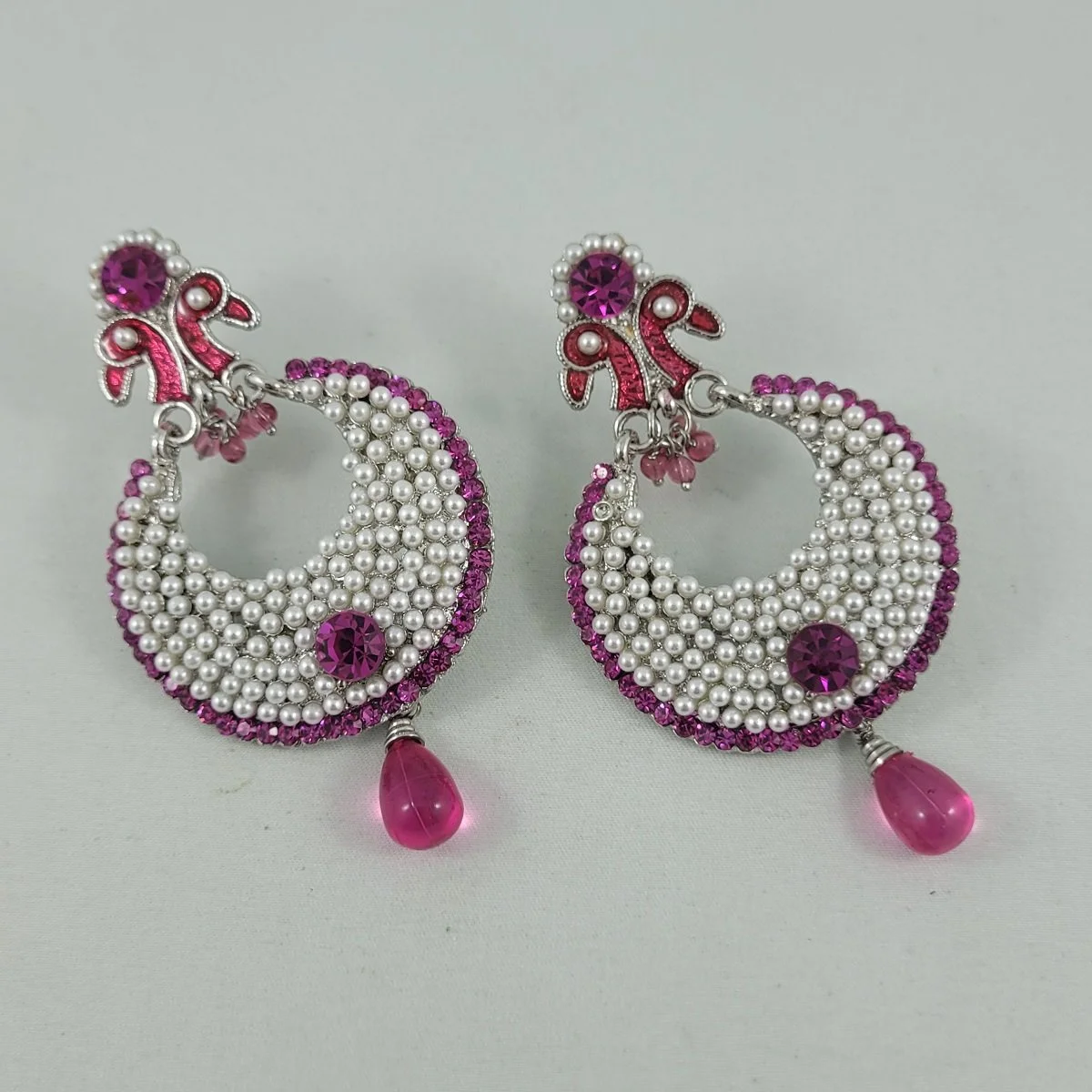 Traditional Crescent Moon Chandbalis Double Swan Motif Fuchsia Hot Pink Jewel Seed Pearl Bead Drop Silver-tone Pierced Earrings -1.jpg (Copy)