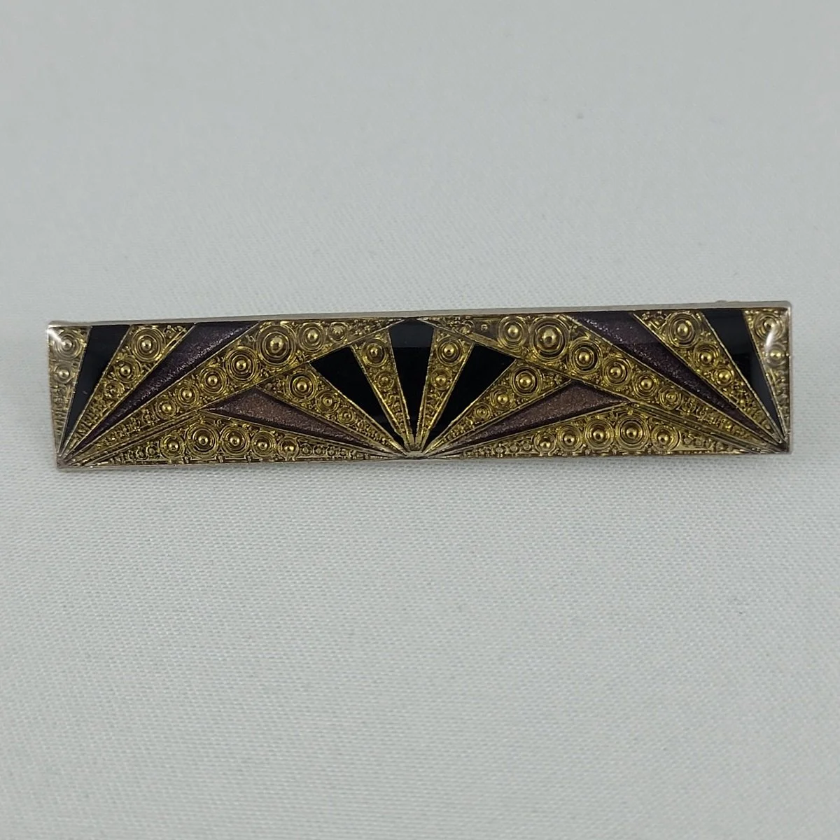 Pierre Bex 1980’s Art Deco “Geometric Sunburst” Sparkling Purple and Black Enamel Bar Brooch.jpg