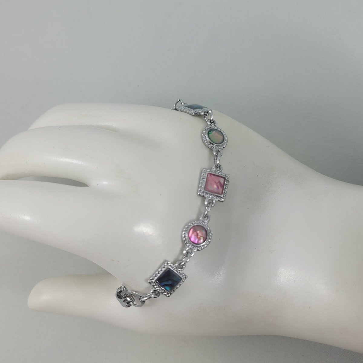 KOREA Alternating 8.5mm Circle Square Panel Blue Pink Green Butterfly Wing Cabochon 7 Inch Silvertone Bracelet Side View