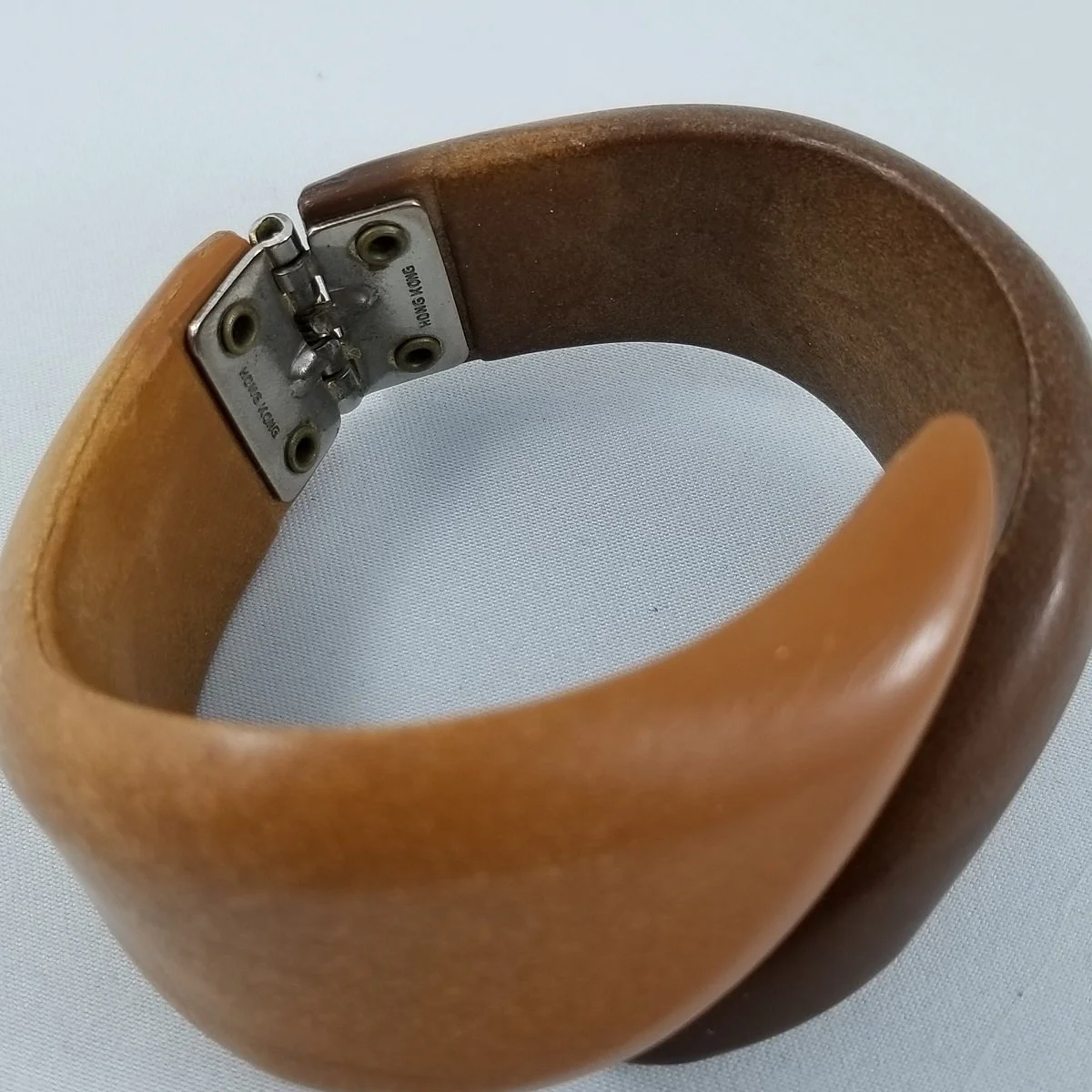 Hong Kong 1960's Organic Modernist Faux Bois Burnt Caramel & Walnut Two-Tone Hinged Clamper Bangle Bracelet -3.jpg