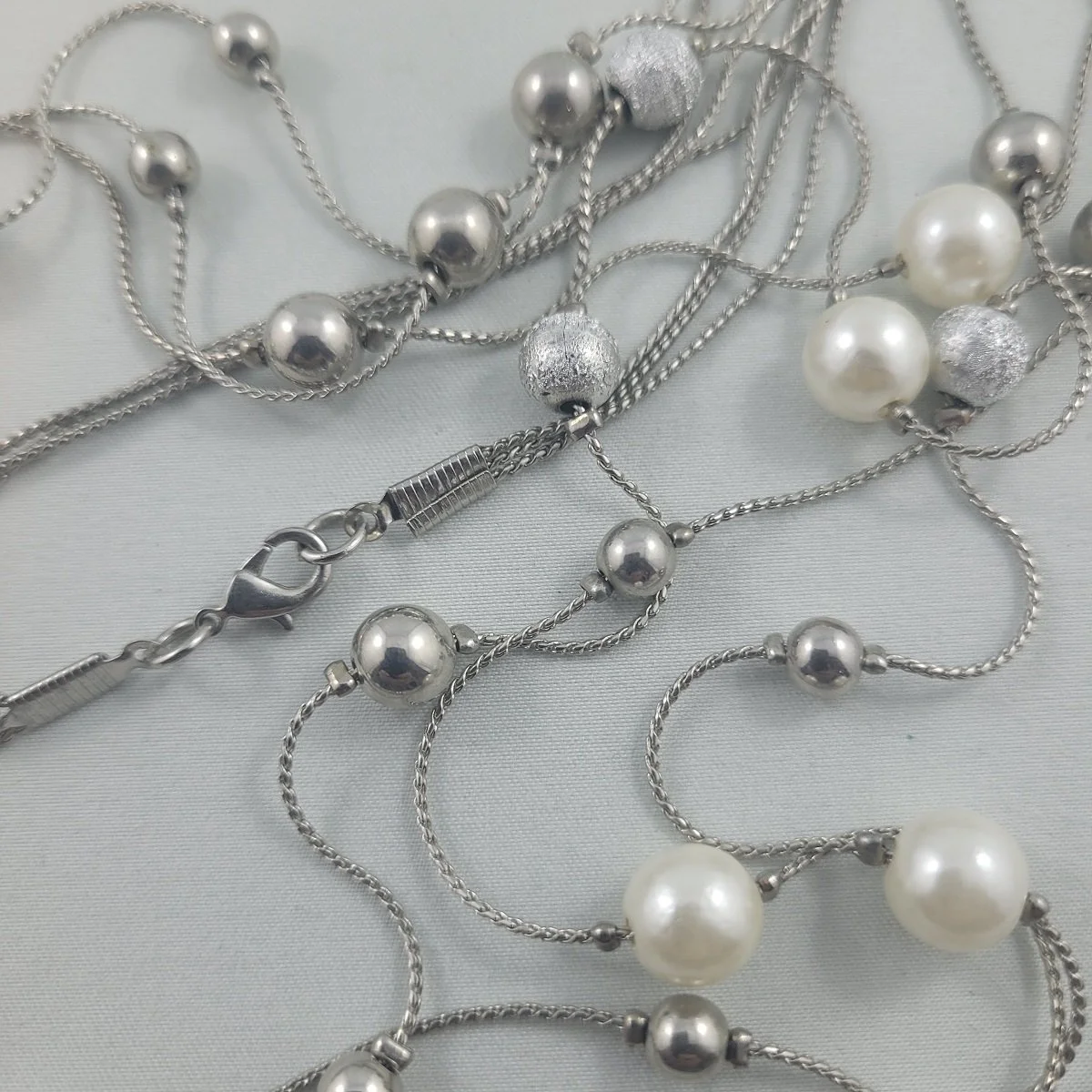 Triple Strand Silver-tone Serpentine Chain Faux Pearl Polished and Sparkle Silver Fixed Bead 35.5 Inch Rope Necklace -3.jpg