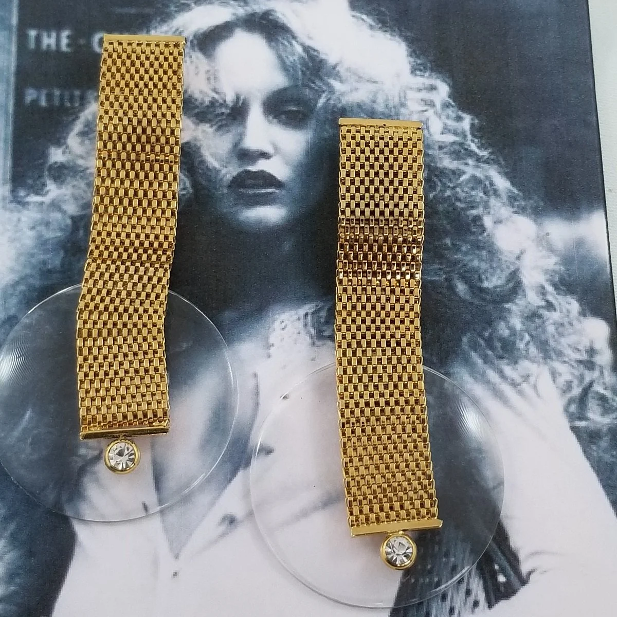 Postmodern Glam Woven Gold Flat Mesh Chainmaille Clear Lucite Disc Crystal Rhinestone Statement Clip-on Earrings.jpg (Copy)