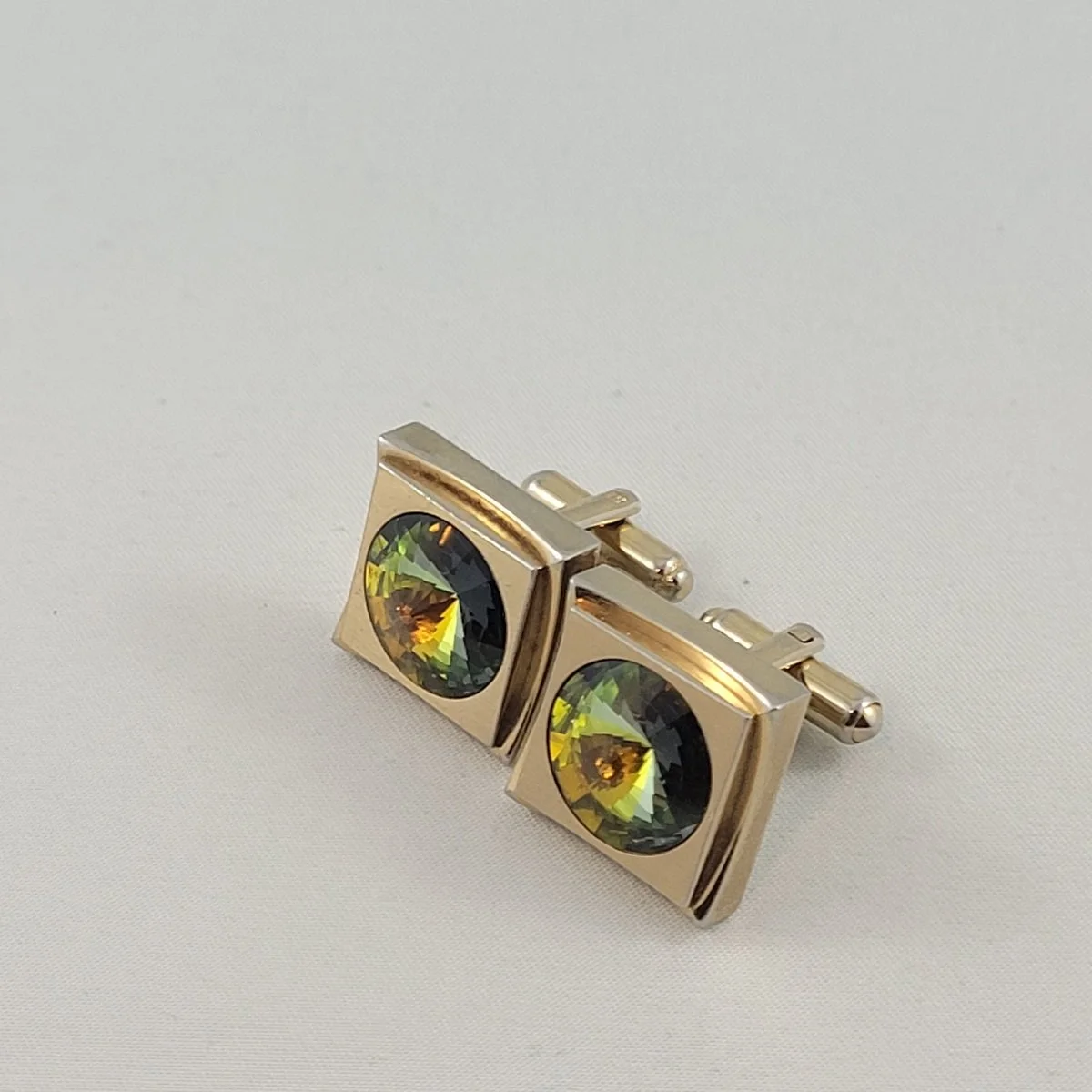 Modernist Olivine Watermelon Rivoli Austrian Crystal Square Cufflinks -2.jpg