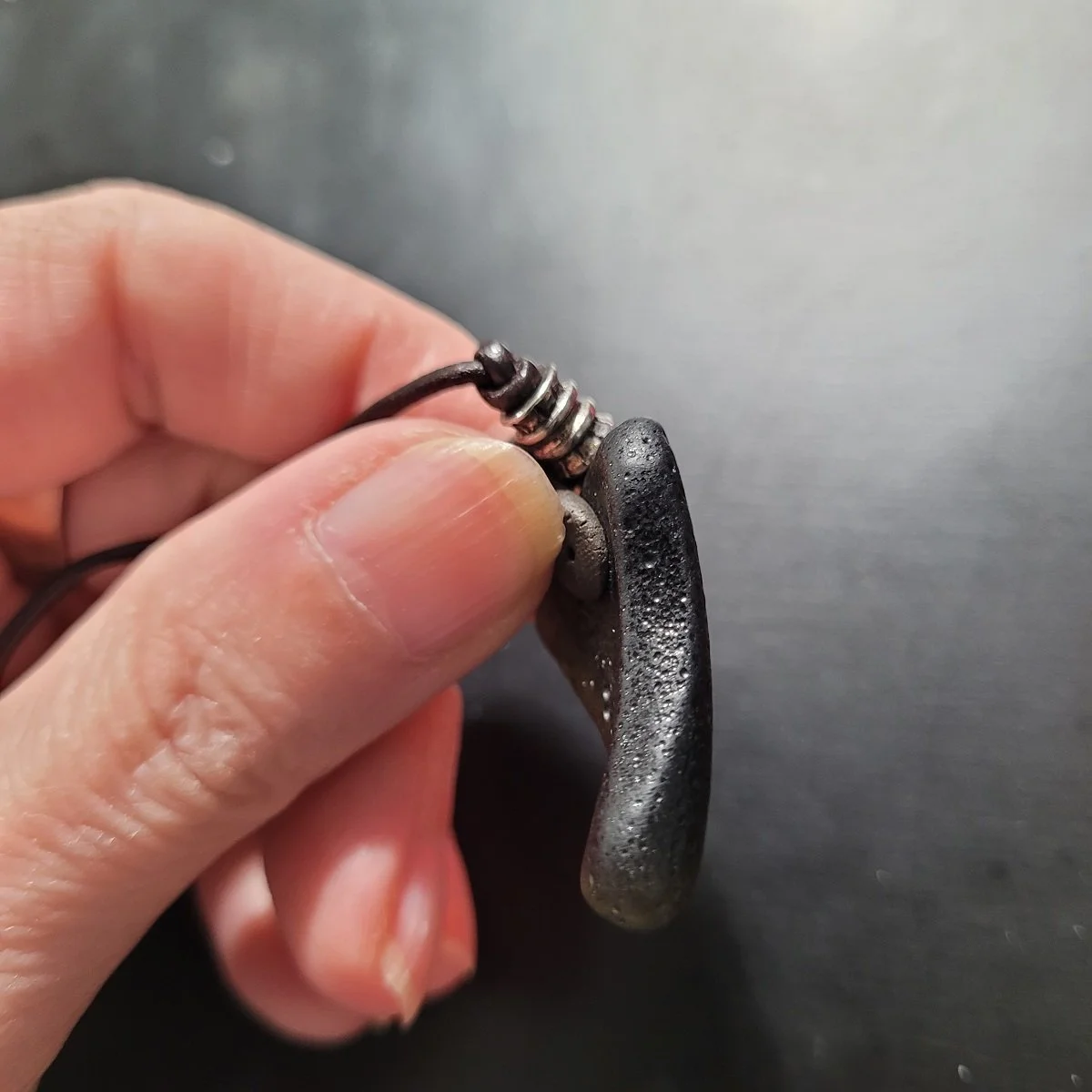 Rough Moldavite Tektite Irregular Shard Triangular Pendant Affixed Clay Bail Adjustable Cord Necklace -C.jpg