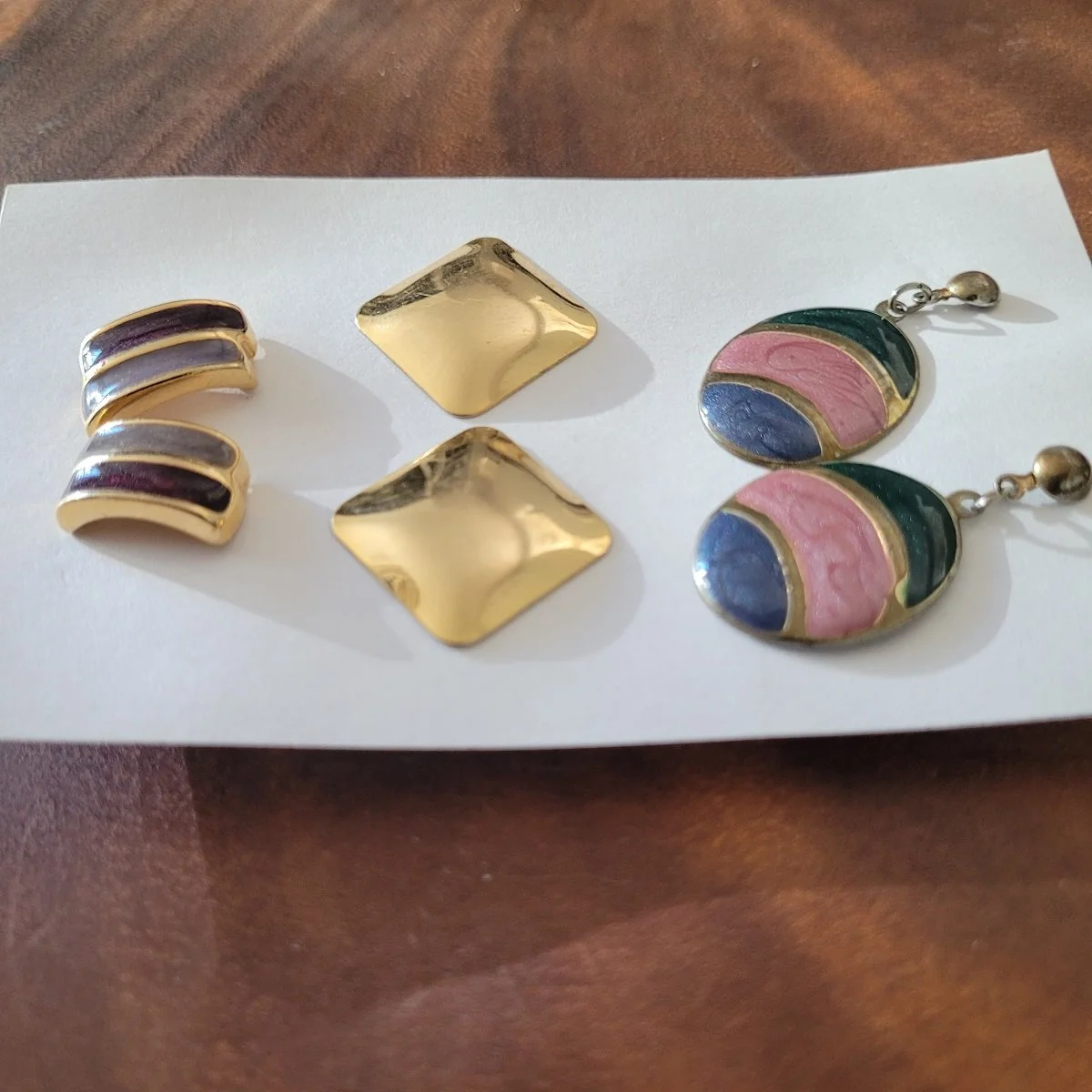 THREE PAIRS - 1960's - 1970's Sparkle Enamel Gold-tone Pierced Earrings Side View