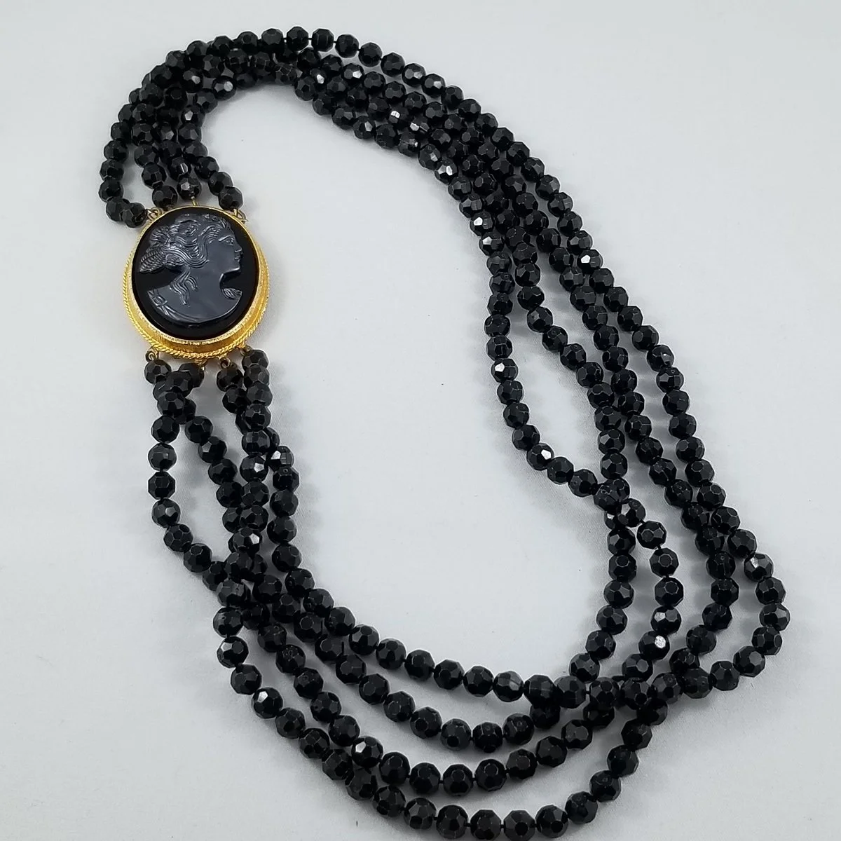 Mourning Style Gothic Simulated Hematite Cameo Multi-strand Gilt Necklace
