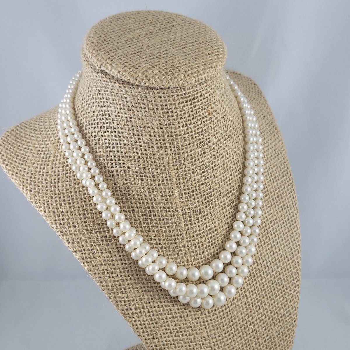 1950's - 1960's Triple Silk Strand Graduating Iridescent Faux Pearl Weighty Bead Rhinestone 16 Inch Choker Necklace