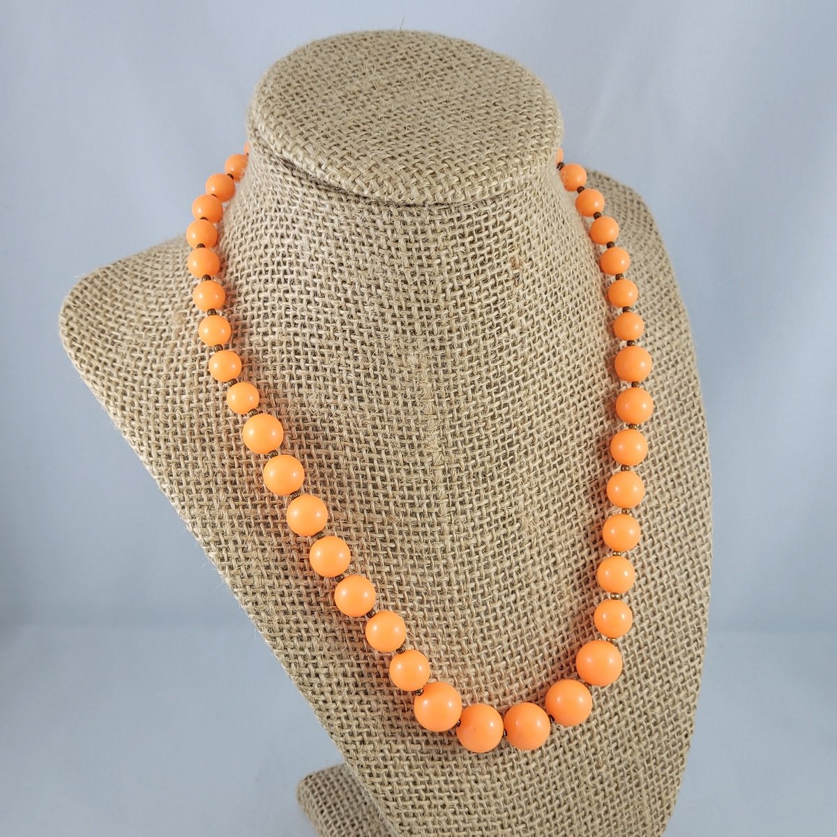 1930's - 1940's Art Deco Bright Orange Lucite Graduated 8-12mm Round Bead 18.5 Inch Princess Necklace