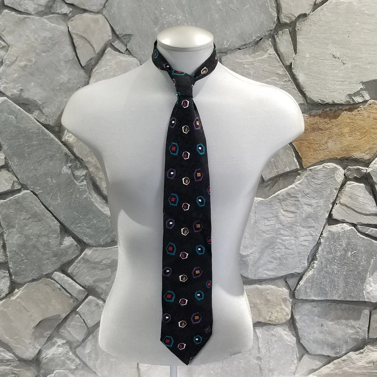 Pierre Balmain Couture Hand Made 100% Silk Black Necktie with 1980's Floating Hexagon Square Pattern -A.jpg