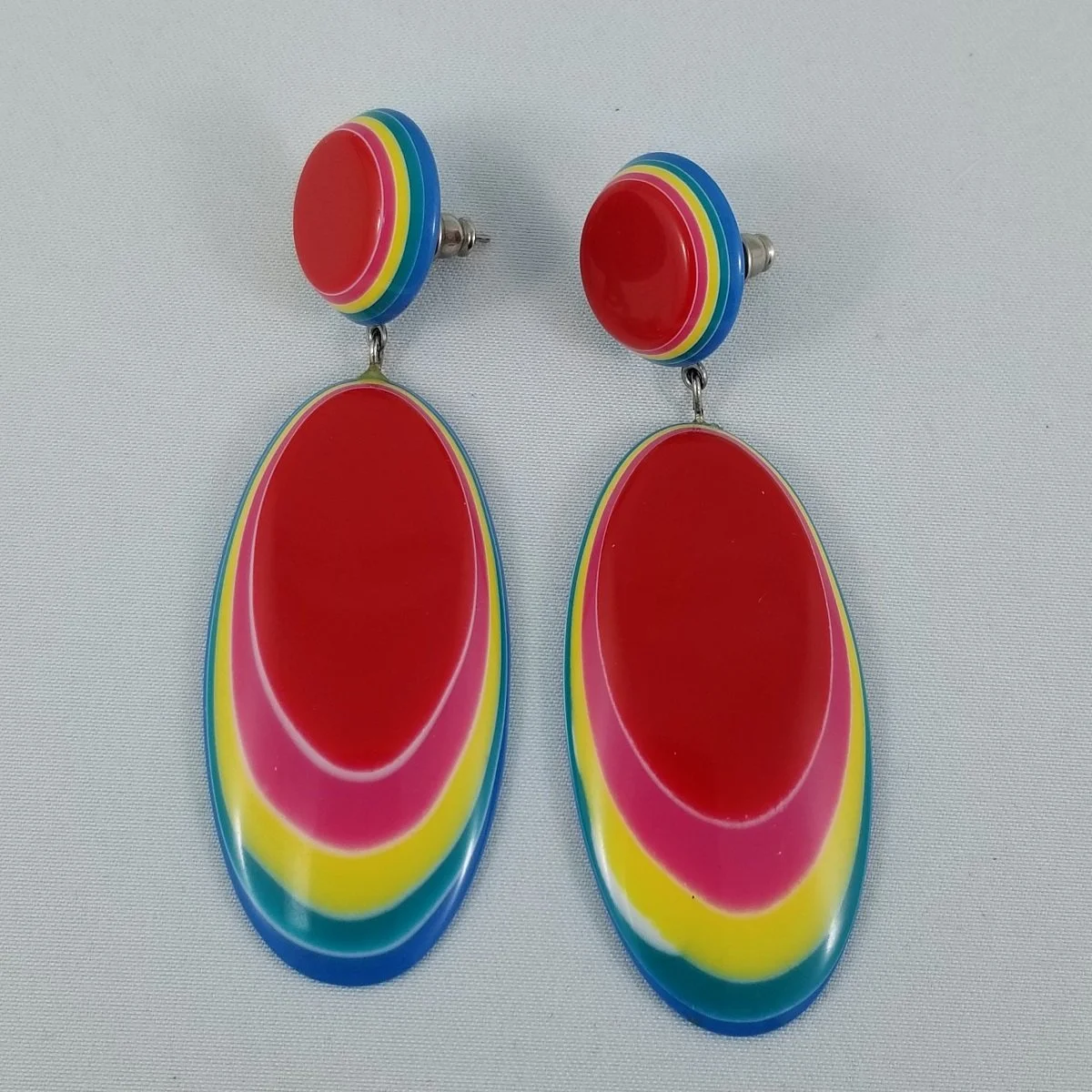 Lea Stein Attributed Rainbow Laminated Rhodoid Plastic Drop Shoulder Duster Pierced Earrings