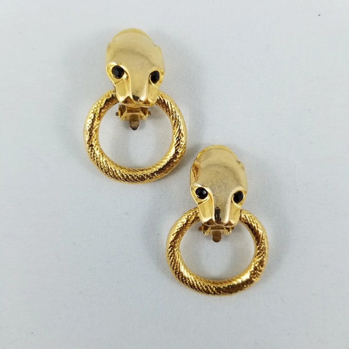 Panther Leopard Head 1980's Couture Door Knocker Gold Rhinestone Eye Clip-on Earrings