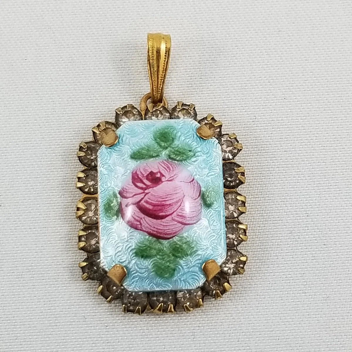 West German “Sweetheart” Guilloche Rose Blue Enamel Rhinestone Halo Emerald-Cut Pendant -3.jpg