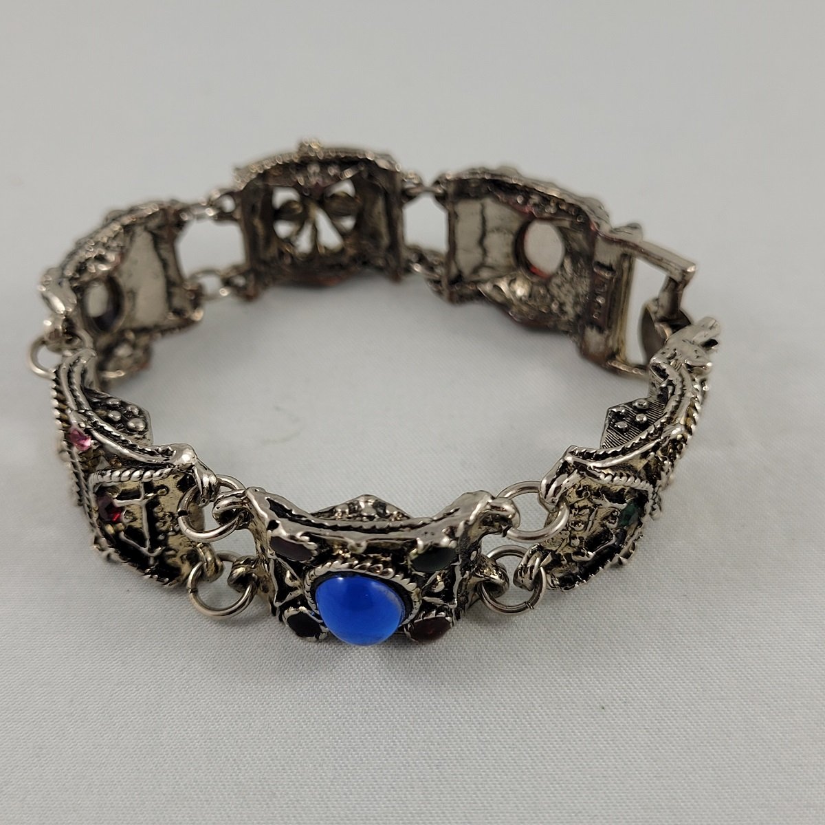LJM Laurentian Jewellery Manufacturing Faux Gripoix Byzantine Etruscan Style Antiqued Silver Copper Panel Bracelet Blue