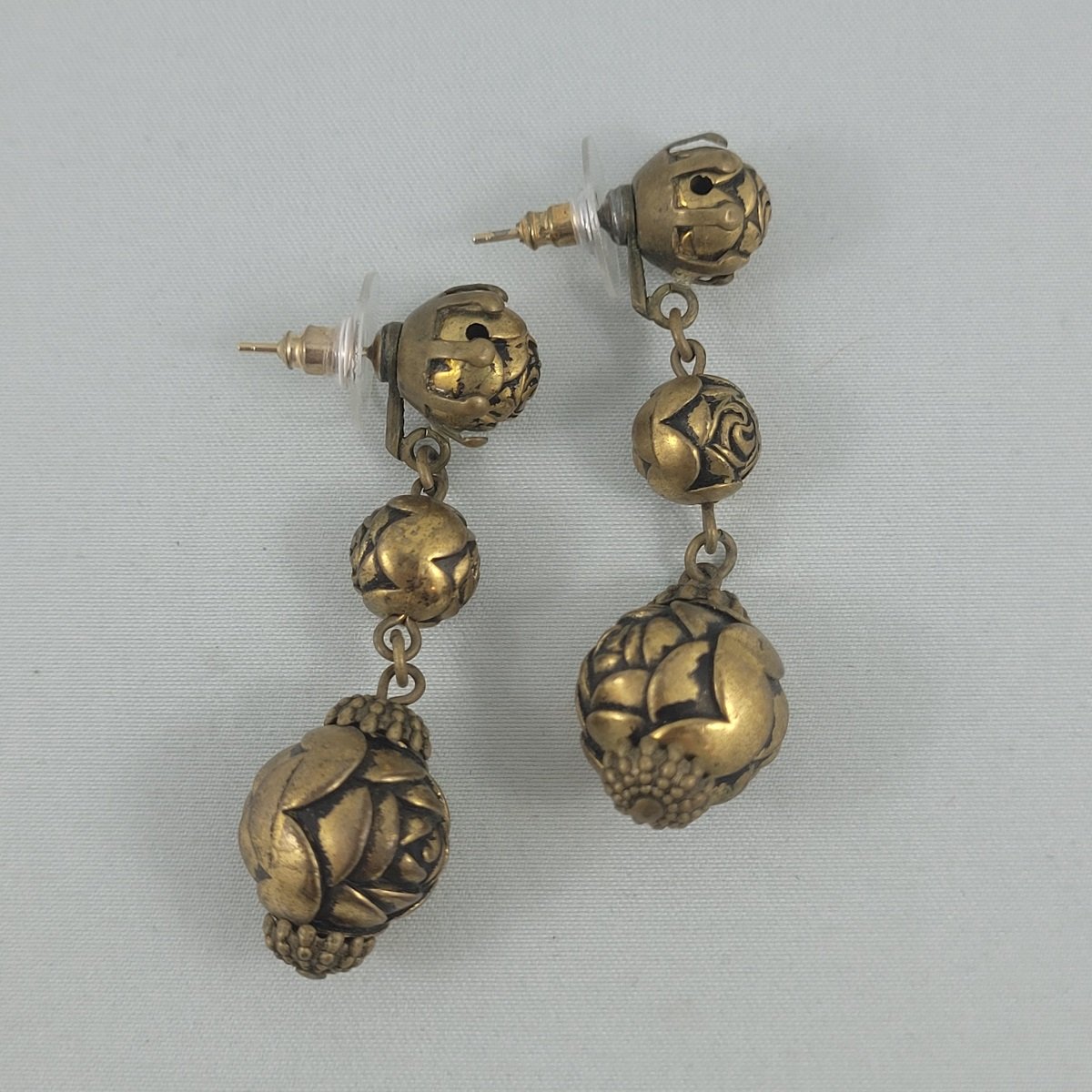 Art Nouveau Antiqued Brass Triple Carved Rose 2 Inch Drop Dangle Pierced Earrings Top View