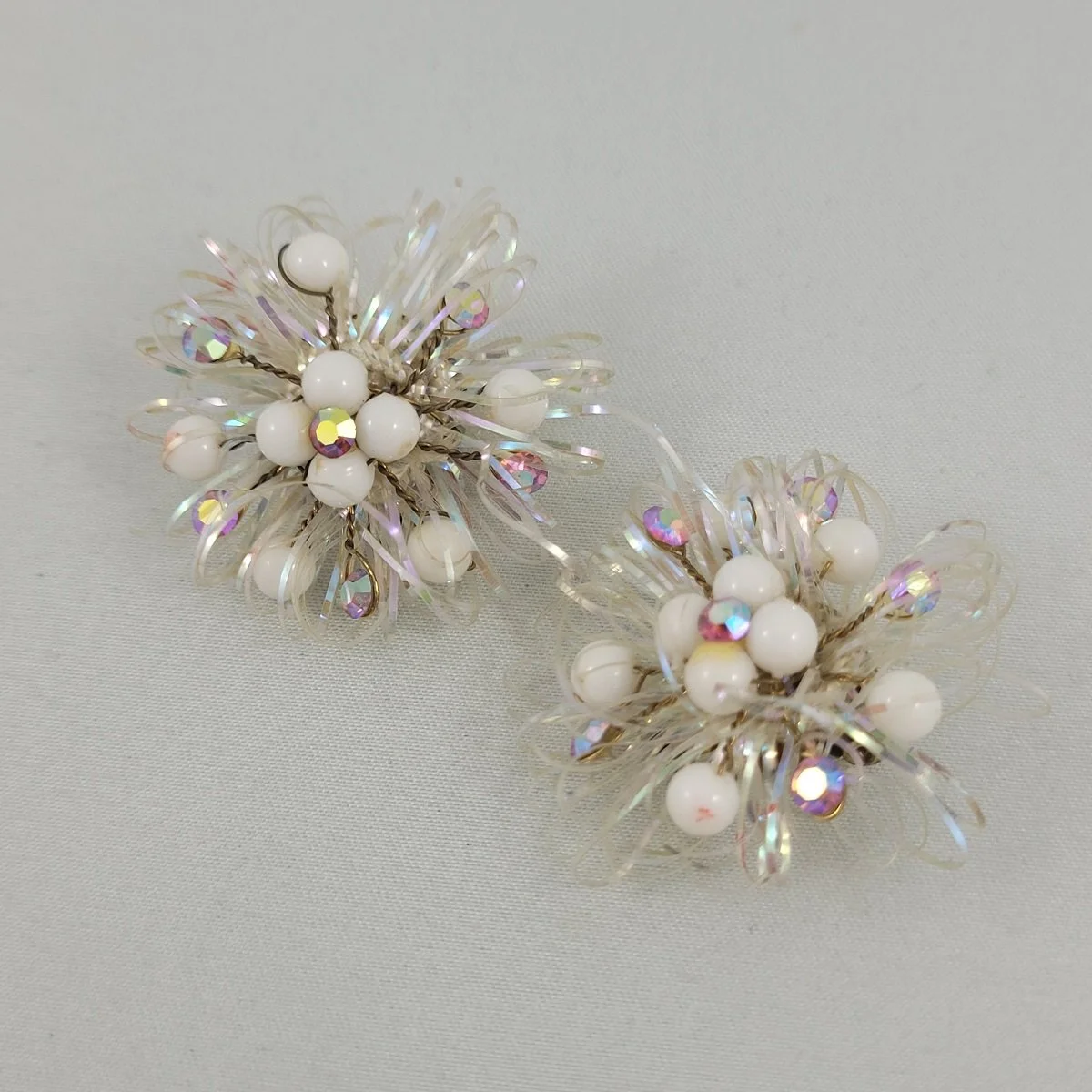 Western Germany Atomic Flower AB Rhinestone Iridized Soft Plastic Looped Threads White Bead Clip Earrings -1.jpg (Copy)