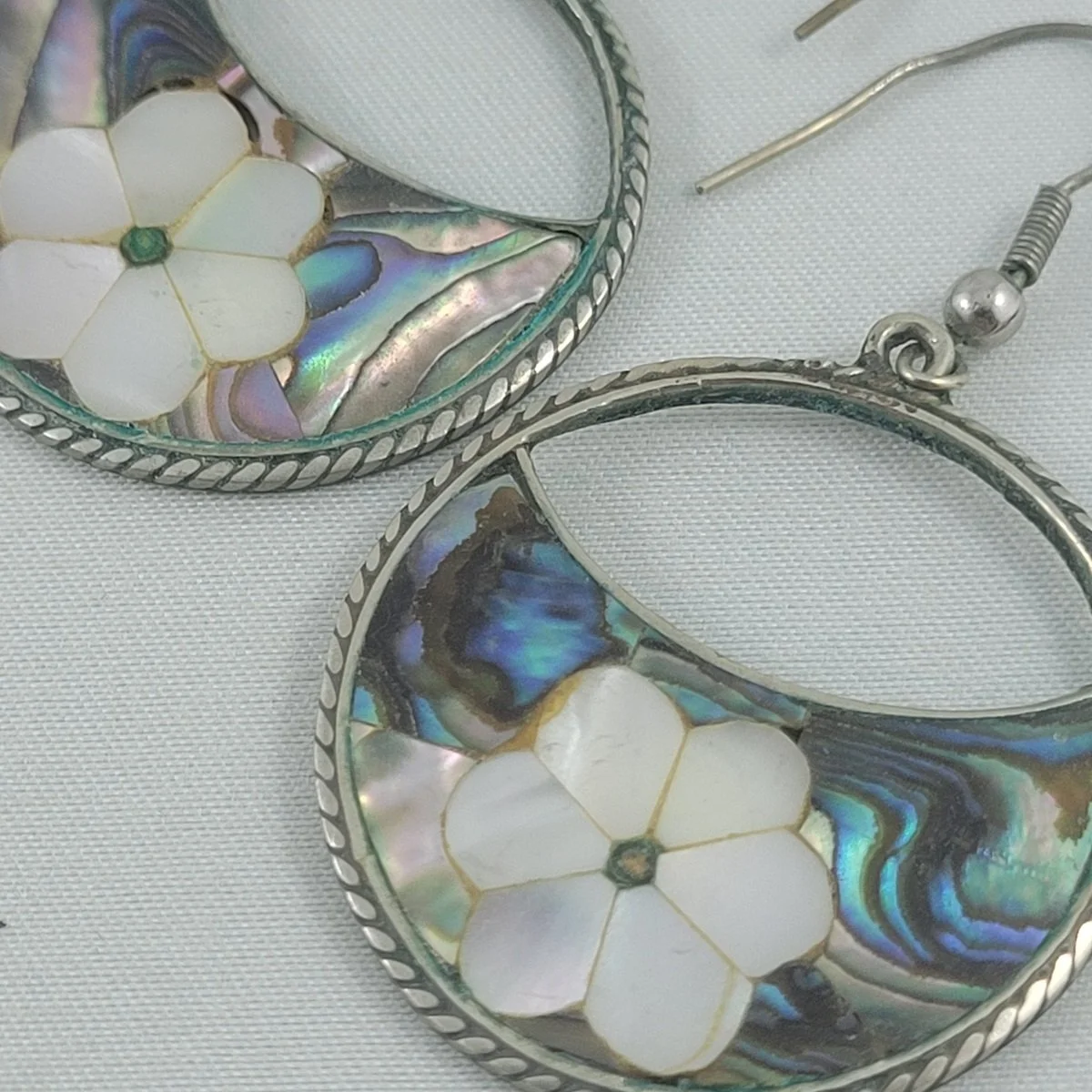Alpaca Mexico Mexican German Silver Abalone Mother of Pearl Flower Inlay Open Round 2.25 Inch Drop Pierced Earrings Close Up