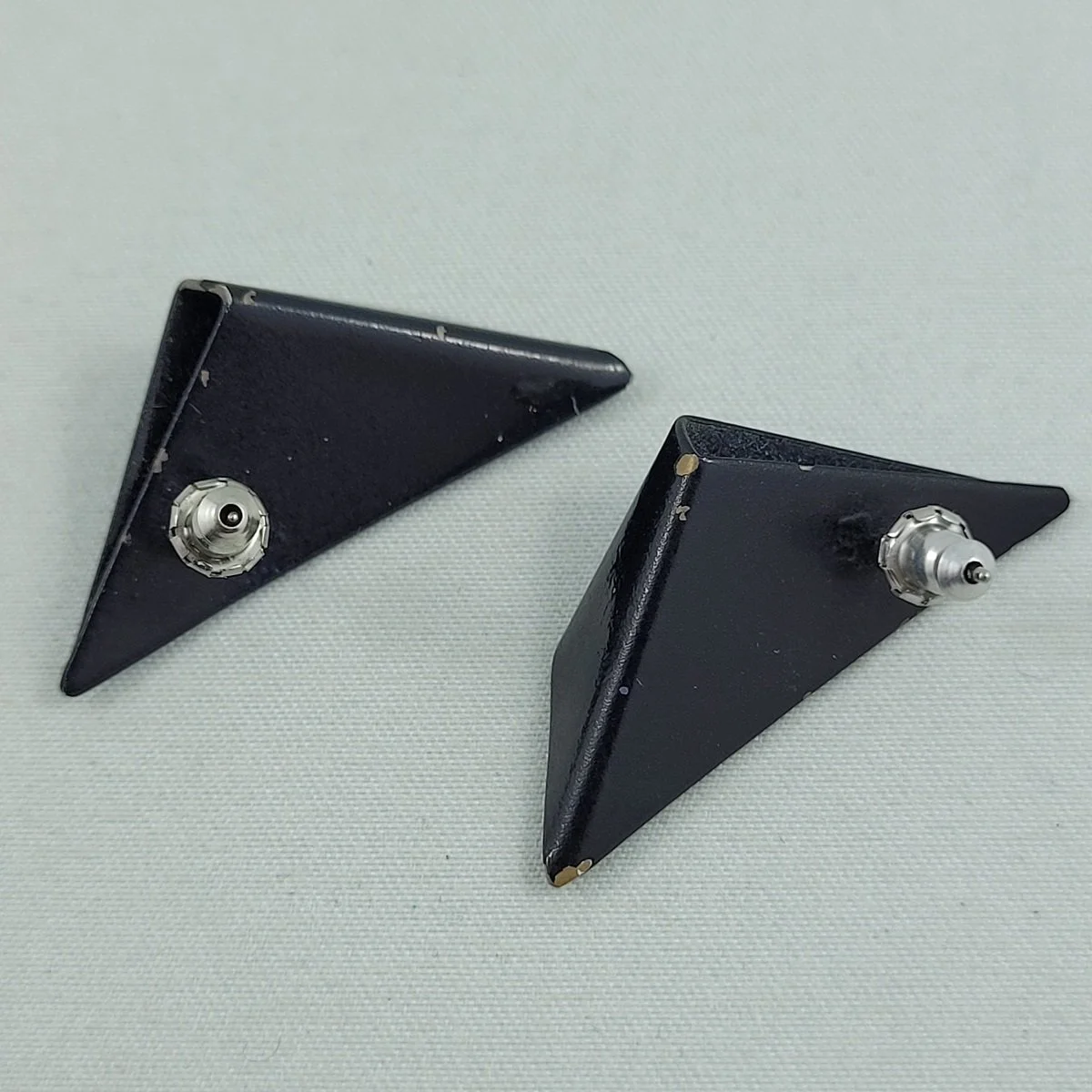 1980's Folded Dimensional Abstract Blue Black Enameled Aluminum Triangular Pierced Earrings -3.jpg