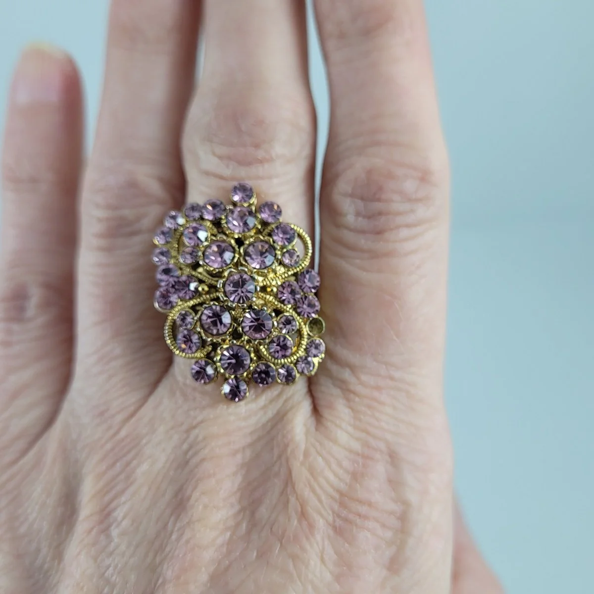 1960's Victorian Style Purple Pink Crystal Pave Rhinestone Brass-tone Adjustable Ring -3.jpg (Copy)